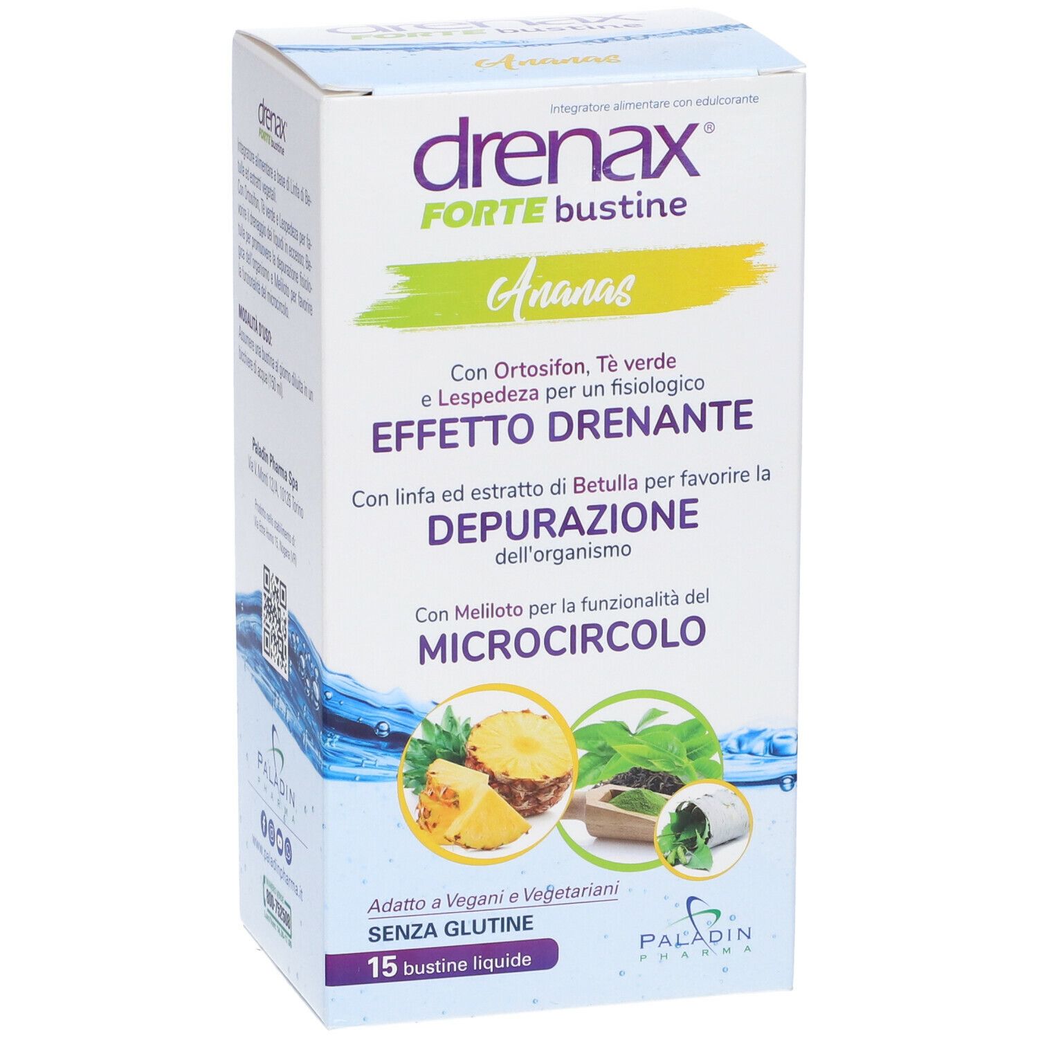 Vorderseite der Produktverpackung Drenax Forte Bustine, Ananas. Text: Effetto drenante, Depurazione dell'organismo, Microcircolo. 15 bustine liquide.