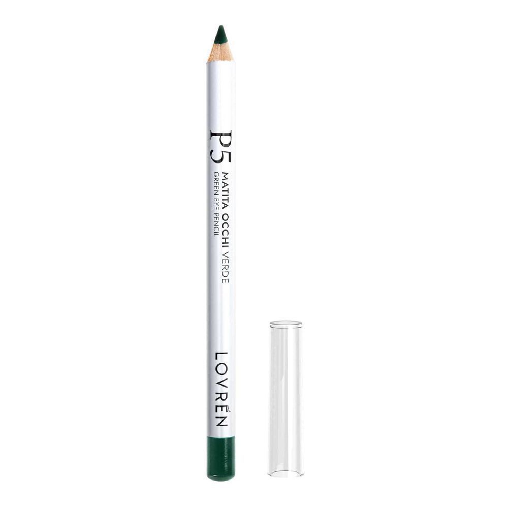 Grüner Lovren P5 Matita Occhi Verde Eyeliner-Stift mit Kappe. Weißer Stift mit grünen Enden und Schriftzug.