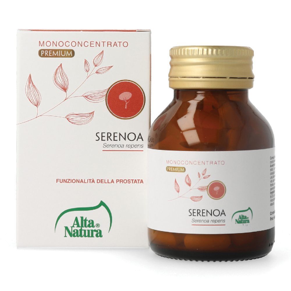 Flacon en verre brun et boîte. "SERENOA" est écrit sur le flacon et la boîte. "Alta Natura" est écrit sur la boîte.