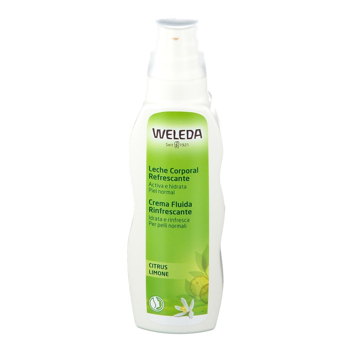 Weleda Citrus Erfrischende Feuchtigkeitslotion. Weiße Flasche mit grünem Etikett. Pumpverschluss. Produktname und Logo sichtbar.