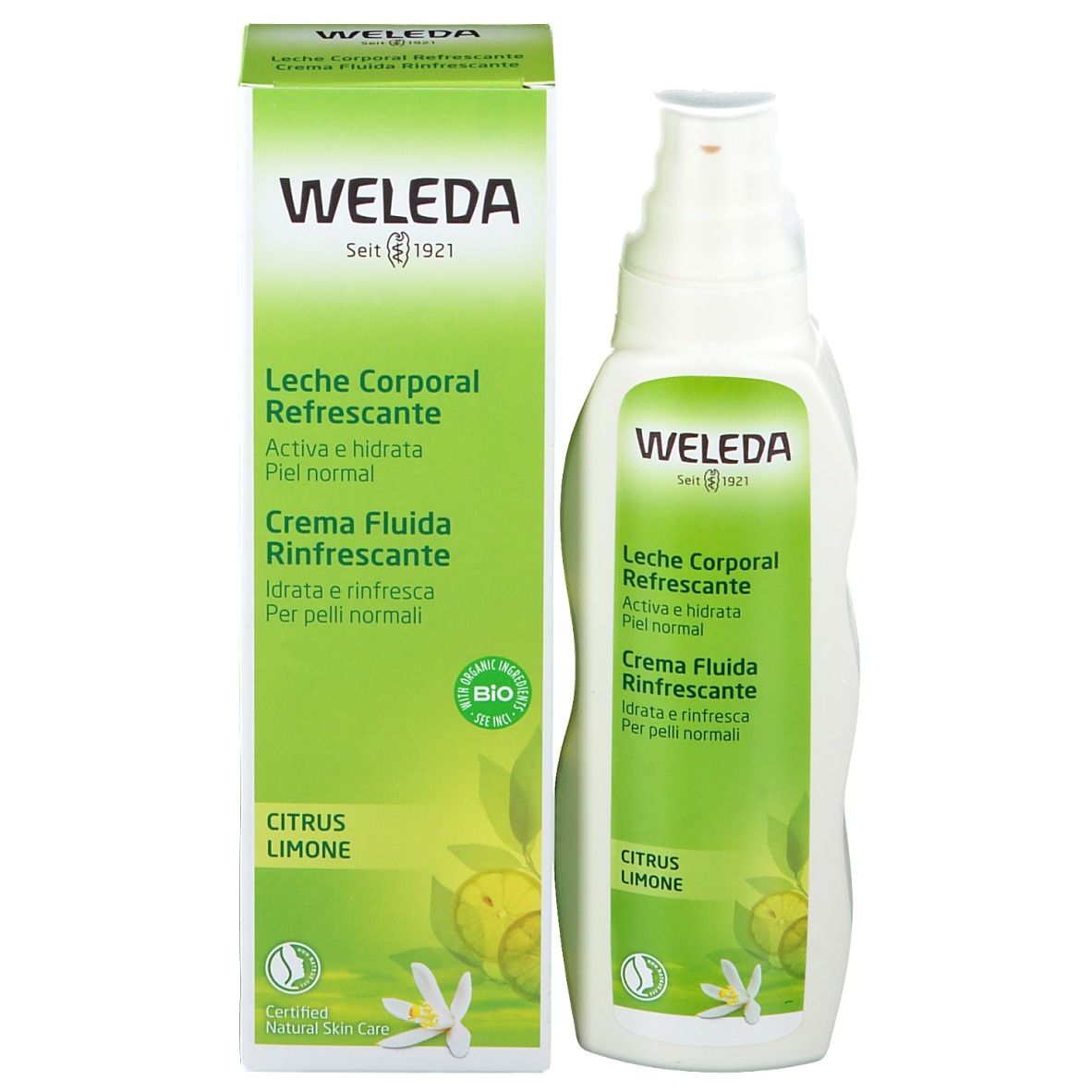 Weleda Citrus Feuchtigkeitslotion mit Verpackung. Flasche und Karton. Grünes Design. Produktname und Logo sichtbar.