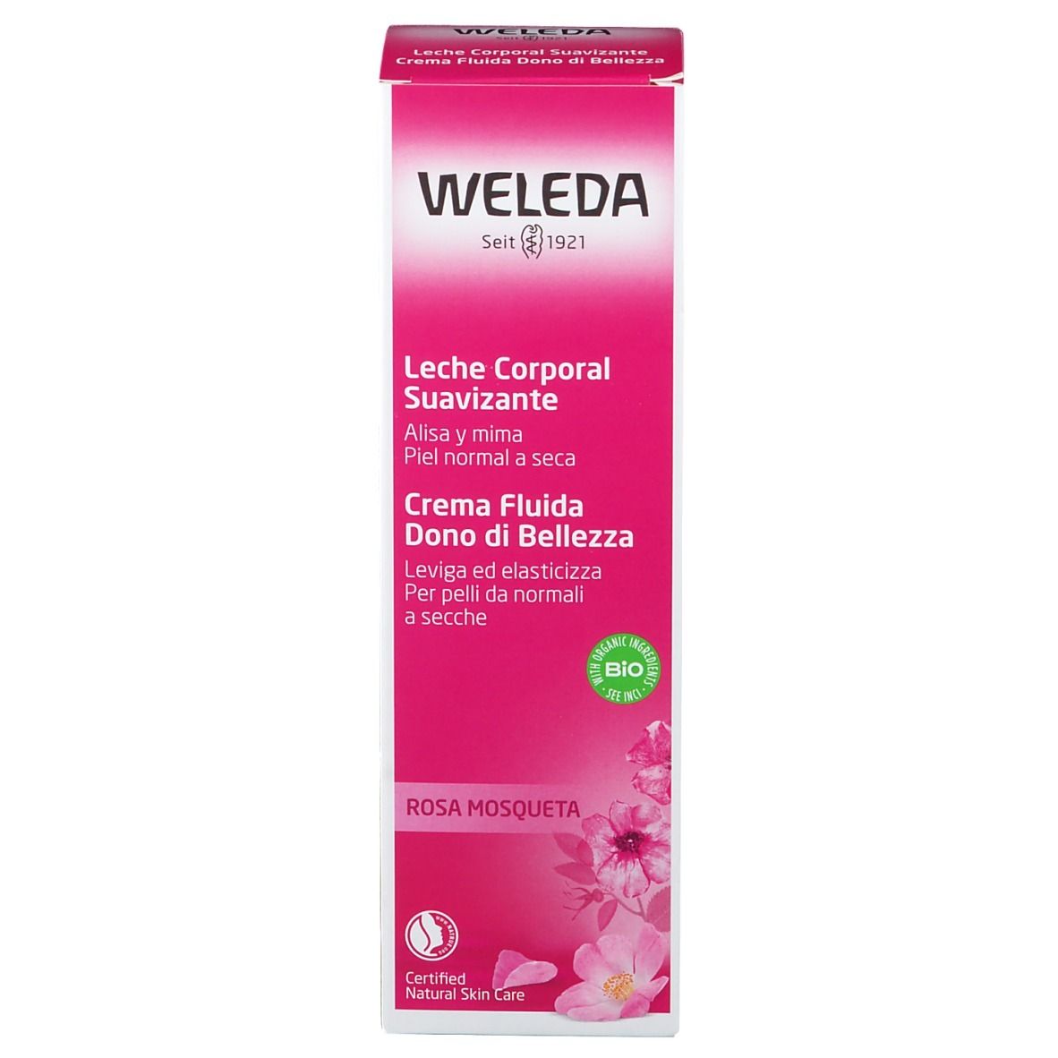 Rosa Verpackung mit Produktinformationen. Bio-Siegel. Marke Weleda. Text in Spanisch und Italienisch.