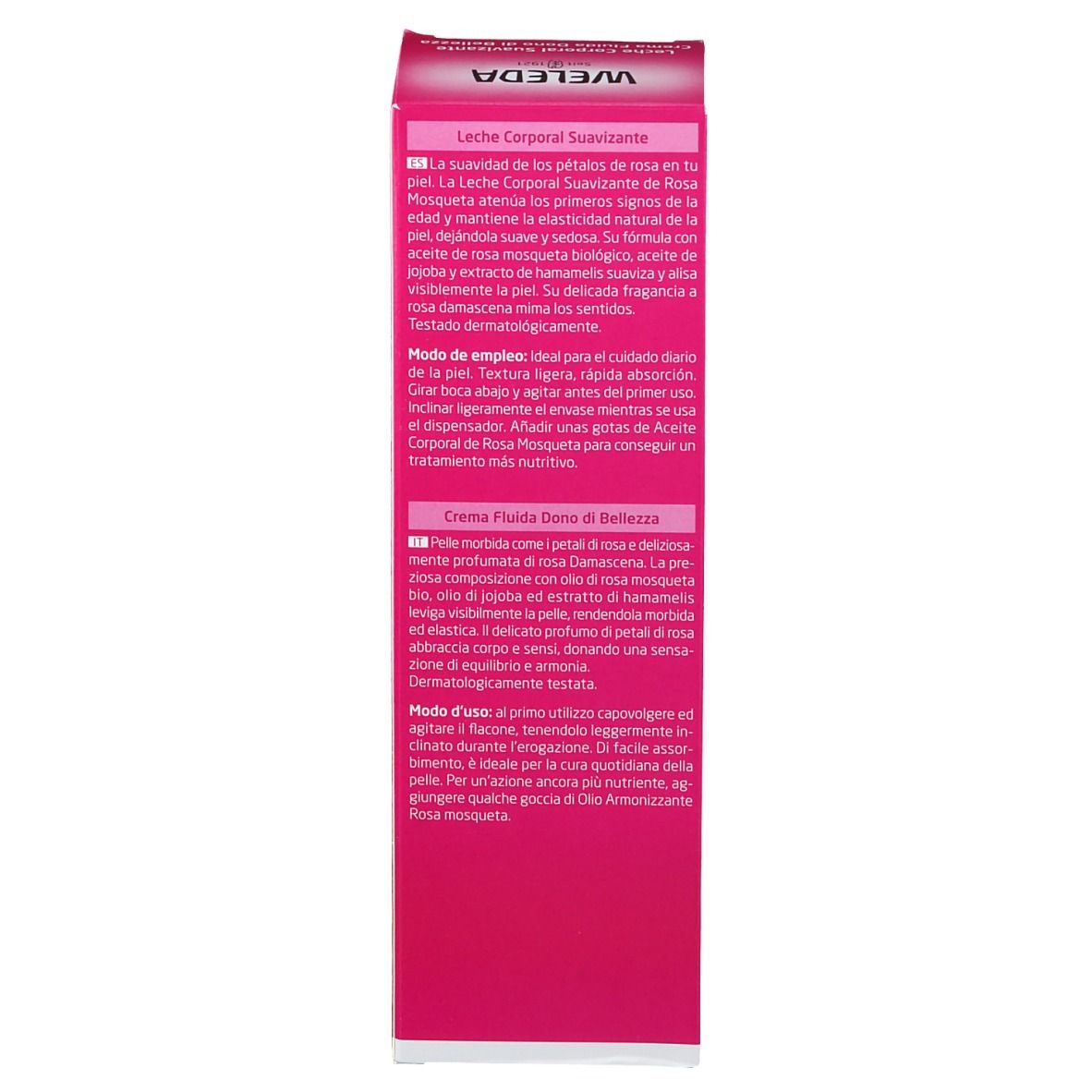 Rosa Verpackung. Text in Spanisch und Italienisch. Anwendungshinweise, Produktbeschreibung.