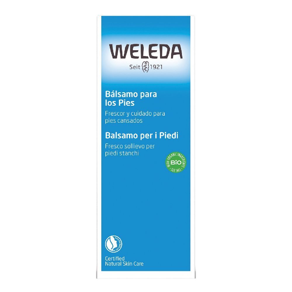 Tube bleu et blanc. Inscription: WELEDA, Balsamo para los Pies, Balsamo per i Piedi. Label bio. Cosmétiques naturels certifiés.