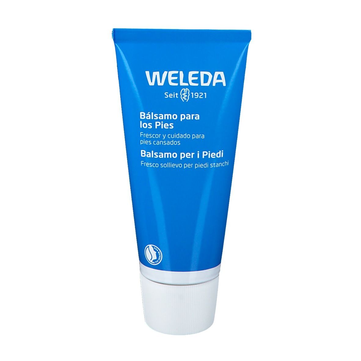 Tube bleu avec bouchon à vis blanc. Inscription: WELEDA, Balsamo para los Pies, Balsamo per i Piedi.