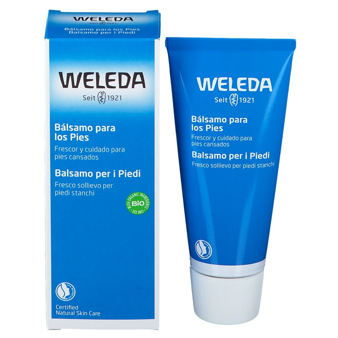 Emballage du produit. Tube et boîte. Inscription: WELEDA, Balsamo para los Pies, Balsamo per i Piedi. Label bio.