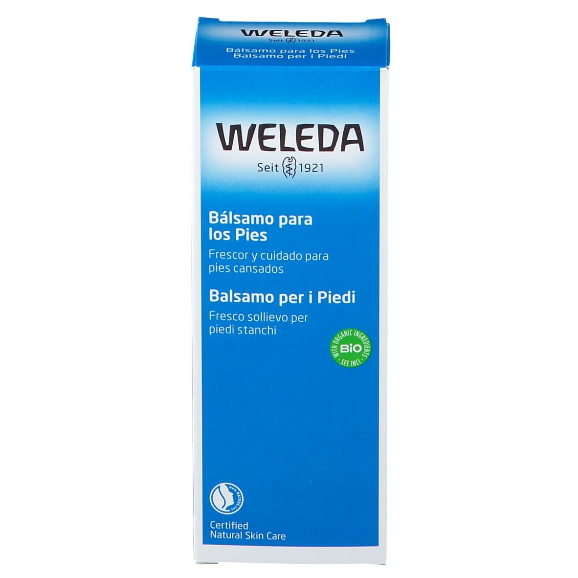 Emballage du produit. Inscription: WELEDA, Balsamo para los Pies, Balsamo per i Piedi. Label bio. Cosmétiques naturels certifiés.