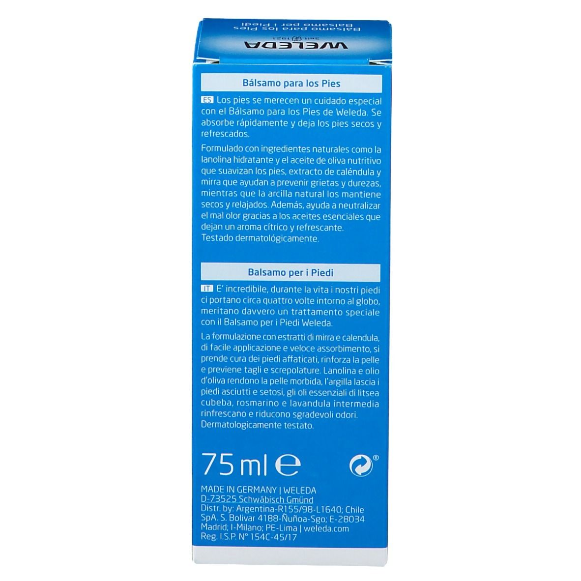 Dos de l'emballage. Texte en espagnol et italien. Volume: 75 ml. Ingrédients. Testé dermatologiquement.
