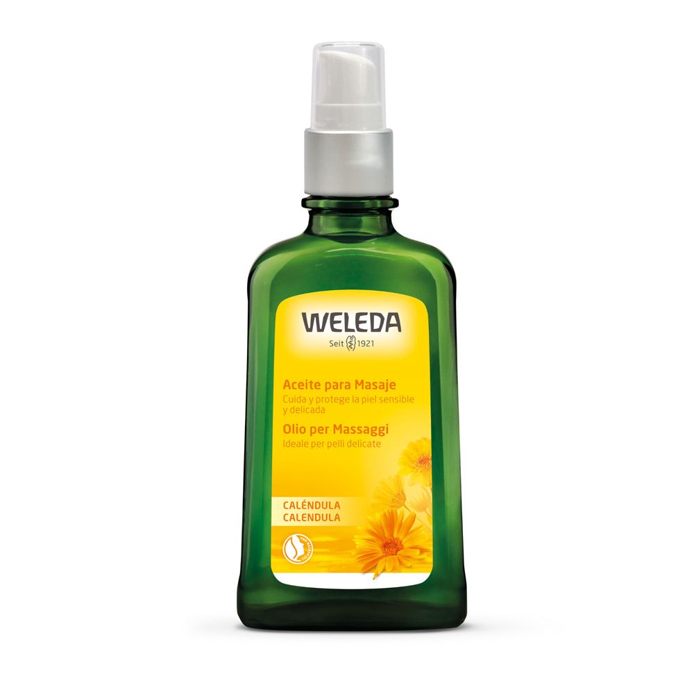 Flacon en verre vert avec pompe. Étiquette jaune avec texte et fleurs. Marque : Weleda.