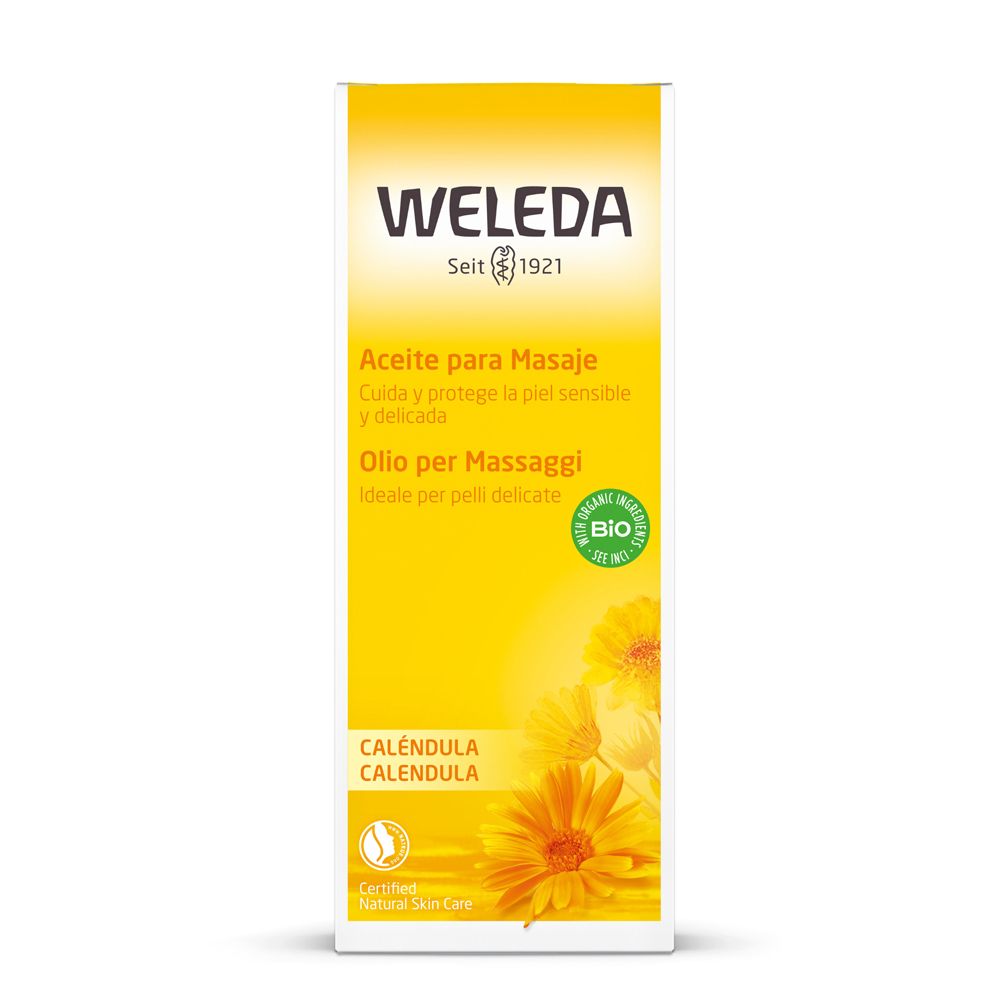 Emballage jaune, haut, avec texte et fleurs. Marque : Weleda. Label bio et certification.