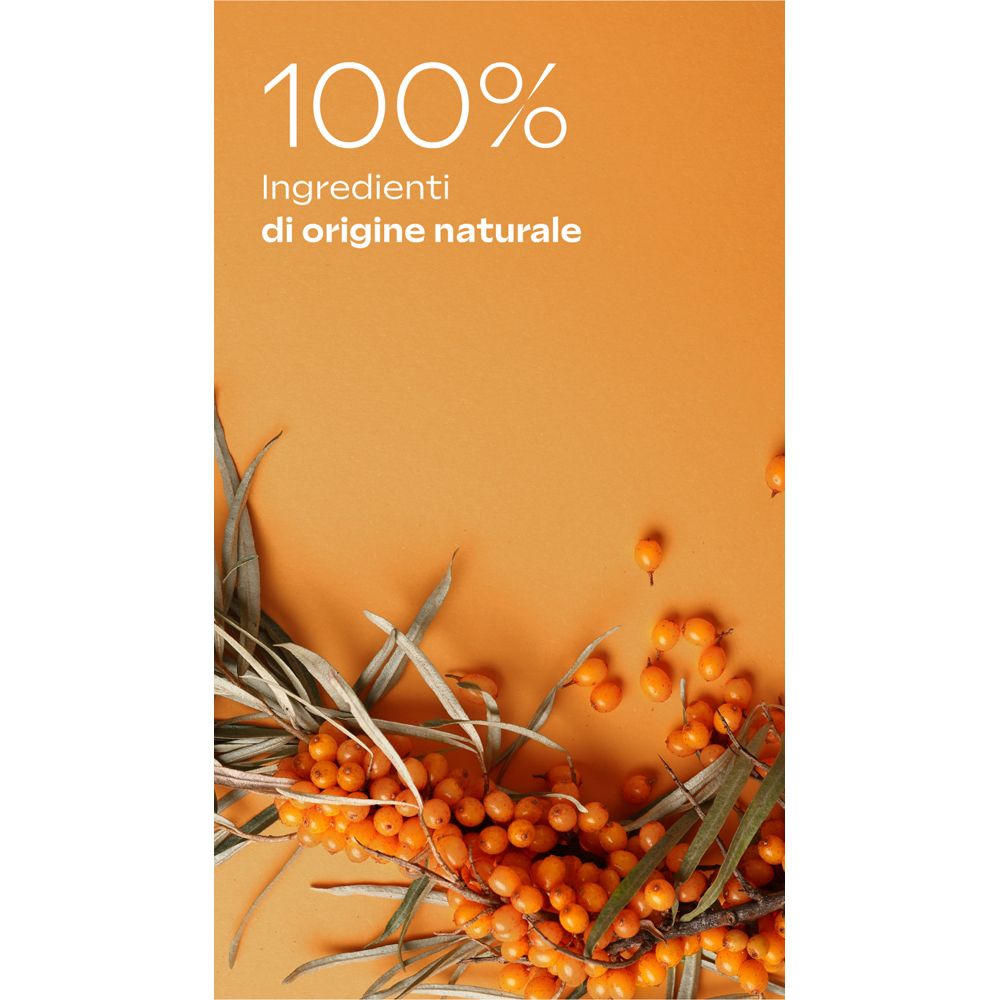 Orangefarbener Hintergrund. Sanddornzweig mit Beeren. Text: 100% Inhaltsstoffe natürlichen Ursprungs.