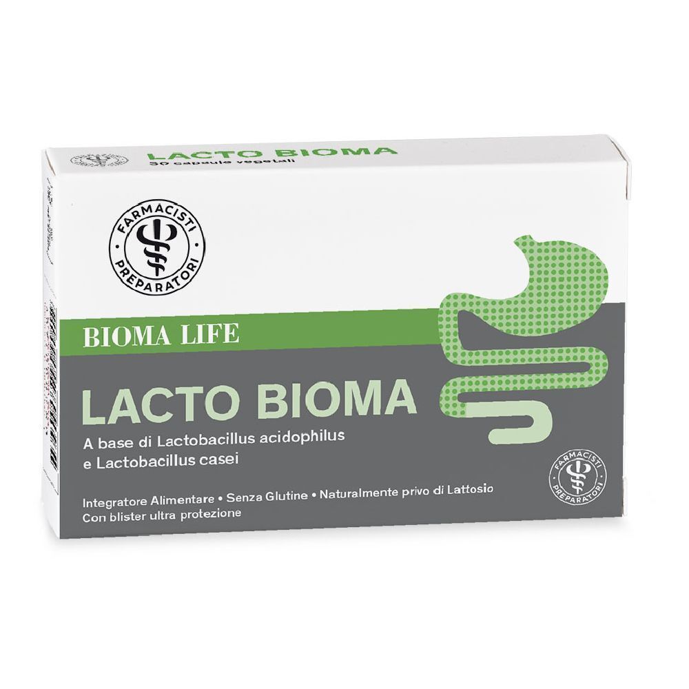 Weißer Karton mit grünen Akzenten. Aufschrift: LACTO BIOMA, BIOMA LIFE. Enthält 30 Kapseln. Logo: Apotheken-Symbol.