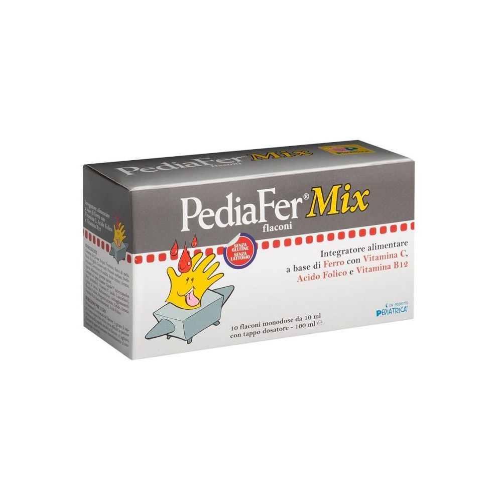 Boîte PediaFer Mix. Contient 10 flacons avec bouchon doseur. Contient du fer, de la vitamine C, de l'acide folique et de la vitamine B12.