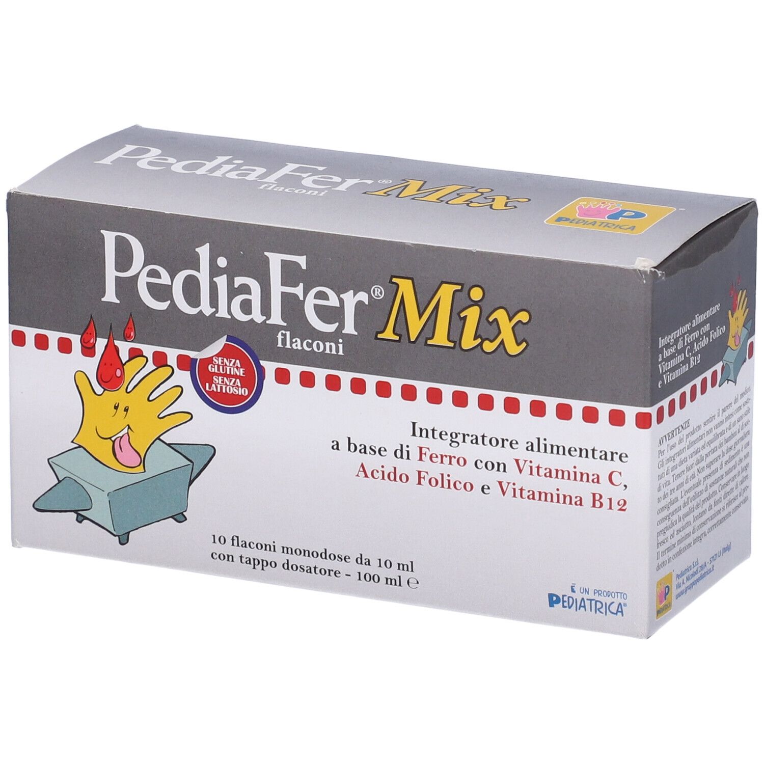 Boîte PediaFer Mix. Contient 10 flacons avec bouchon doseur. Contient du fer, de la vitamine C, de l'acide folique et de la vitamine B12.