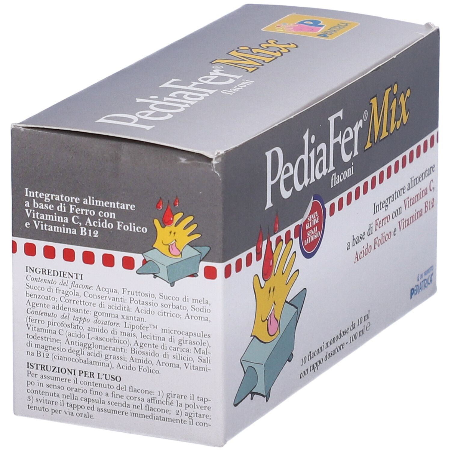 Boîte PediaFer Mix. Contient 10 flacons avec bouchon doseur. Ingrédients. Contient du fer, de la vitamine C, de l'acide folique et de la vitamine B12.
