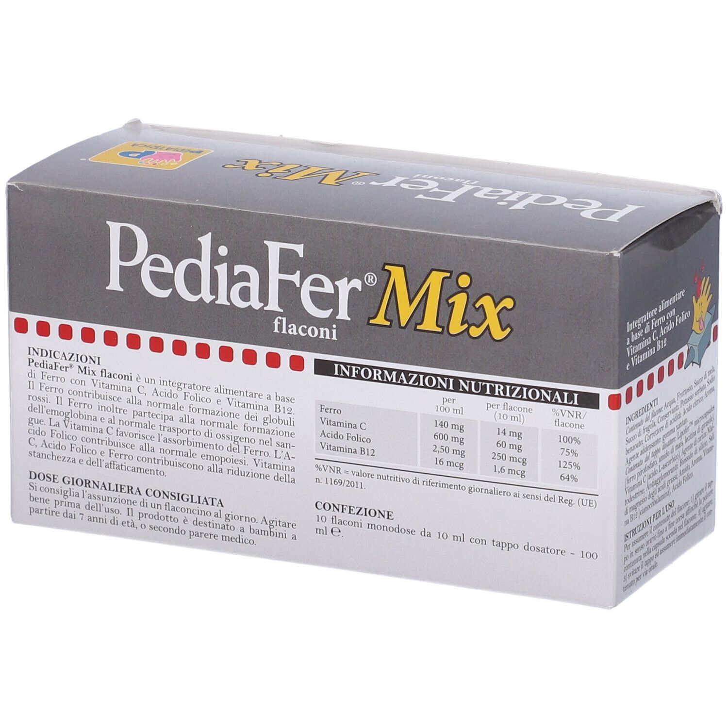 Boîte PediaFer Mix. Contient 10 flacons avec bouchon doseur. Informations nutritionnelles. Contient du fer, de la vitamine C, de l'acide folique et de la vitamine B12.