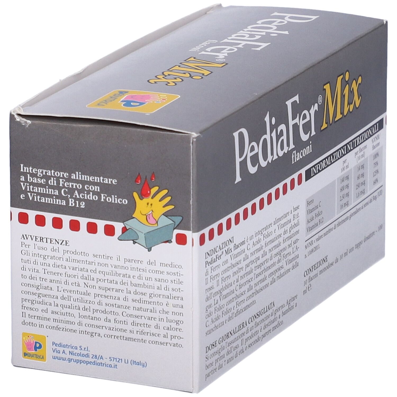Boîte PediaFer Mix. Contient 10 flacons avec bouchon doseur. Avertissements. Contient du fer, de la vitamine C, de l'acide folique et de la vitamine B12.