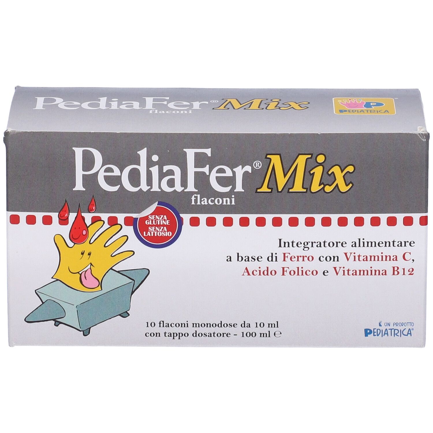 Boîte PediaFer Mix. Contient 10 flacons avec bouchon doseur. Contient du fer, de la vitamine C, de l'acide folique et de la vitamine B12.