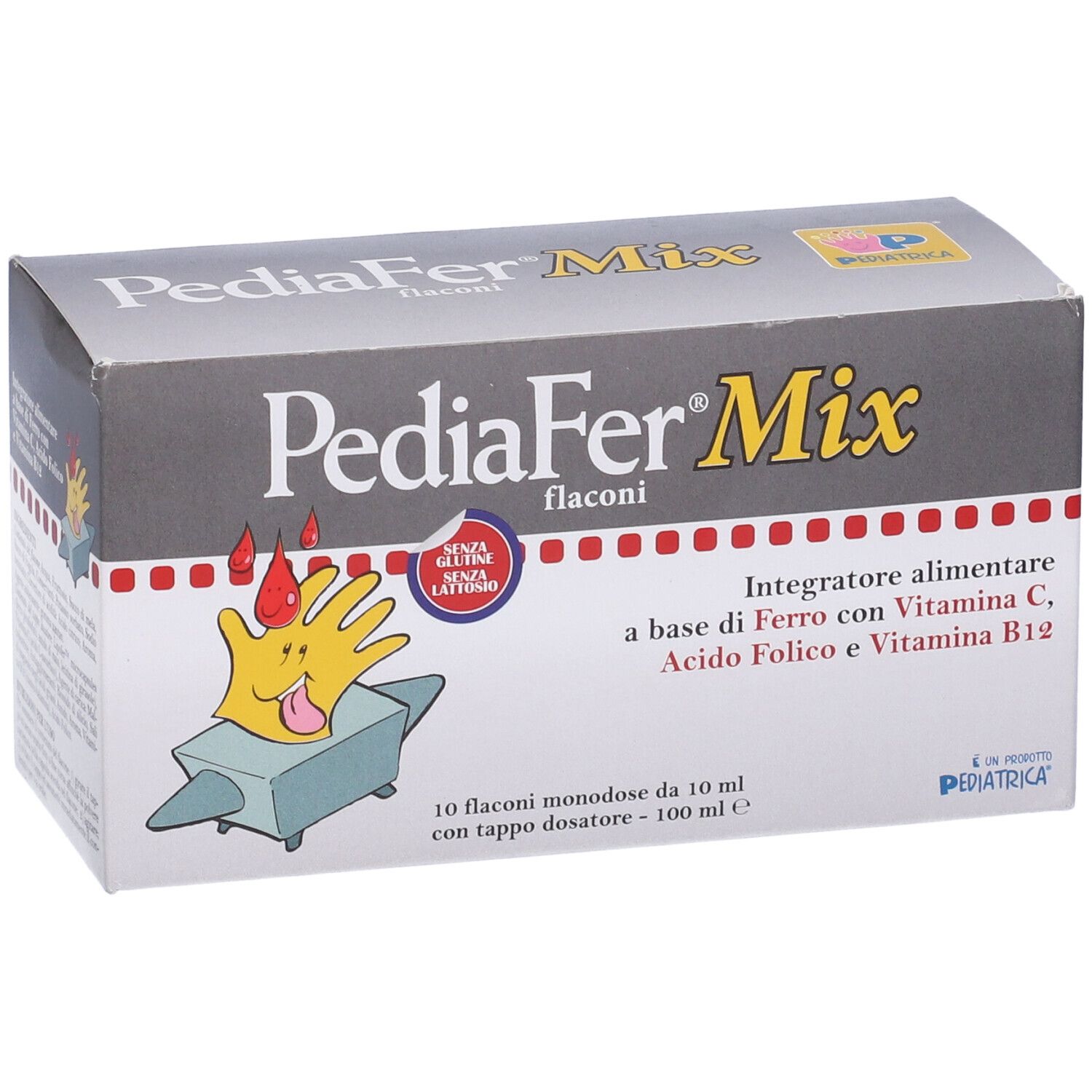 Boîte PediaFer Mix. Contient 10 flacons avec bouchon doseur. Contient du fer, de la vitamine C, de l'acide folique et de la vitamine B12.