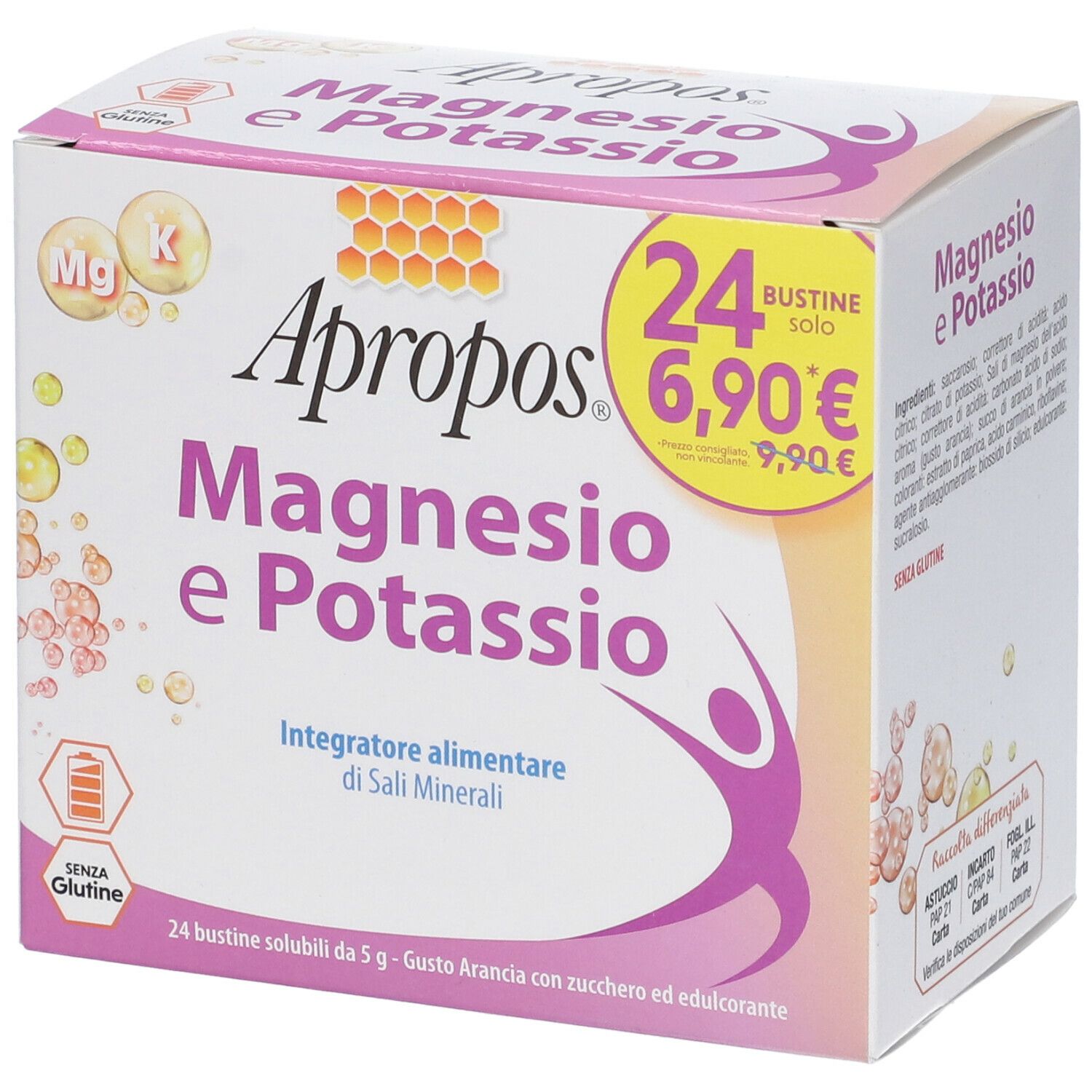 Schachtel APROPOS Magnesio e Potassio. 24 Beutel. Preis 6,90€. Enthält Magnesium und Kalium. Ohne Gluten.