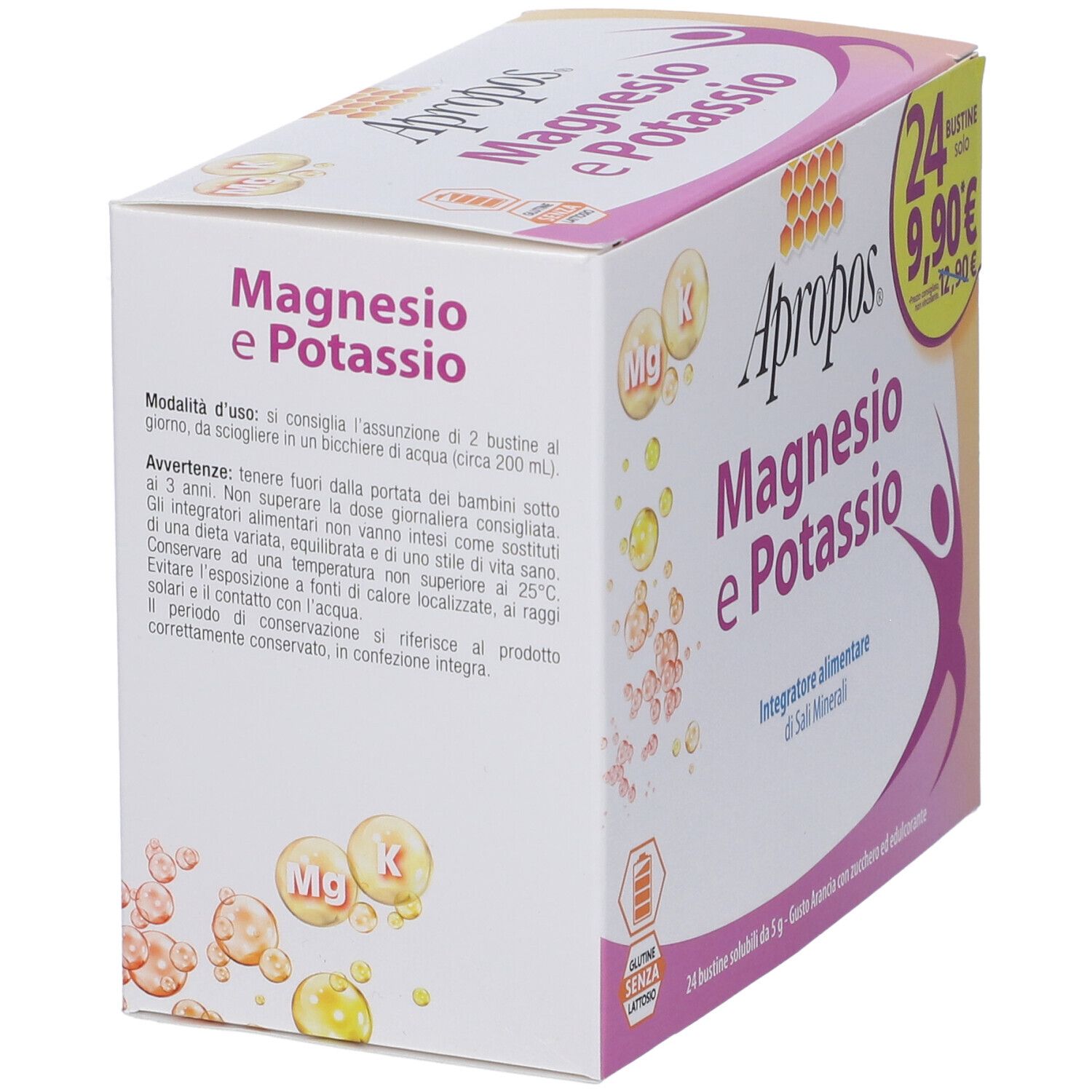 APROPOS Magnesio e Potassio Schachtel. Enthält 24 Beutel. Rückseite mit Inhaltsangaben und Gebrauchsanweisung.
