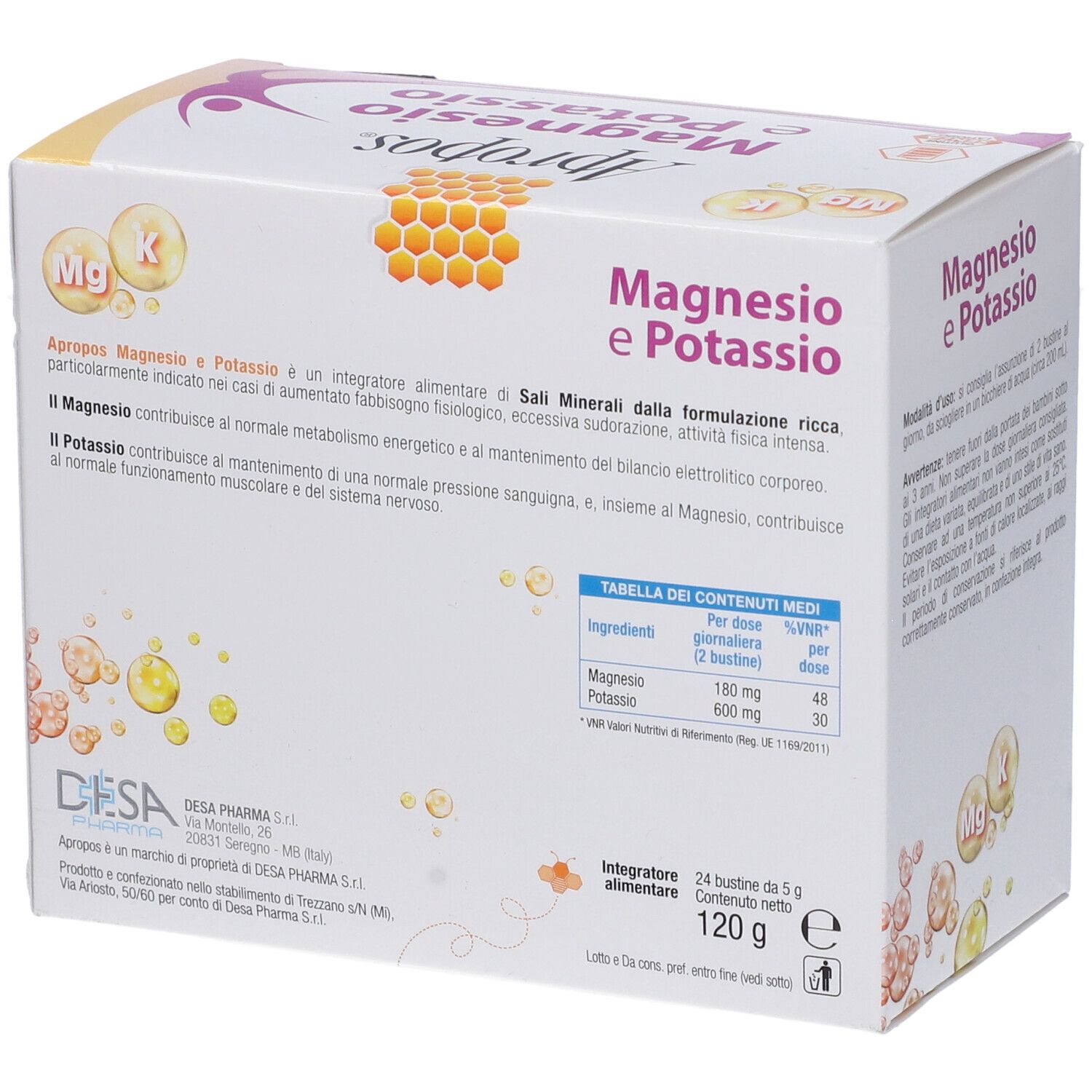 Rückseite der APROPOS Magnesio e Potassio Schachtel. Enthält Inhaltsstoffe, Nährwerttabelle und Herstellerinformationen.