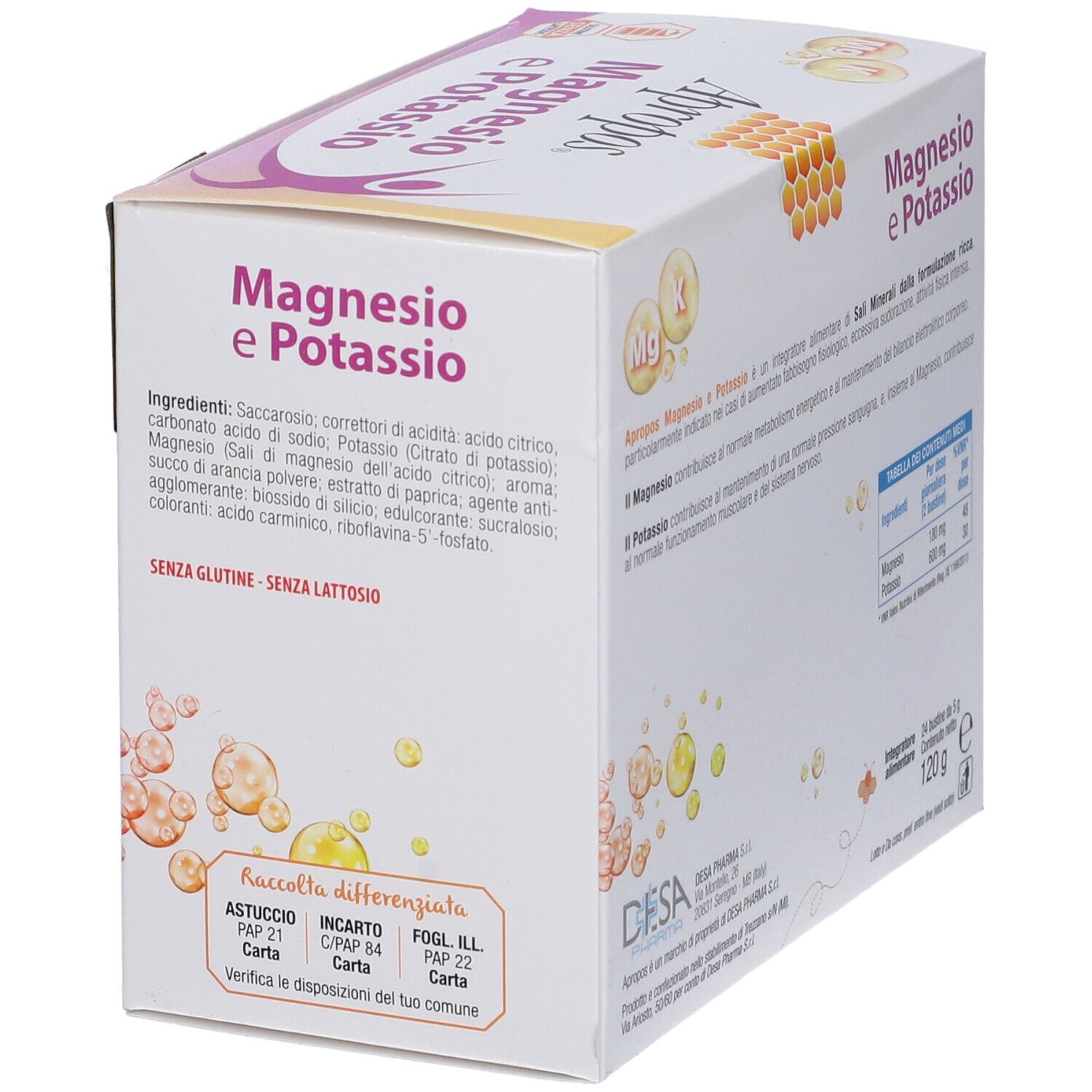 APROPOS Magnesio e Potassio Schachtel. Enthält Inhaltsstoffe, ohne Gluten und Laktose. Recycling-Hinweis.