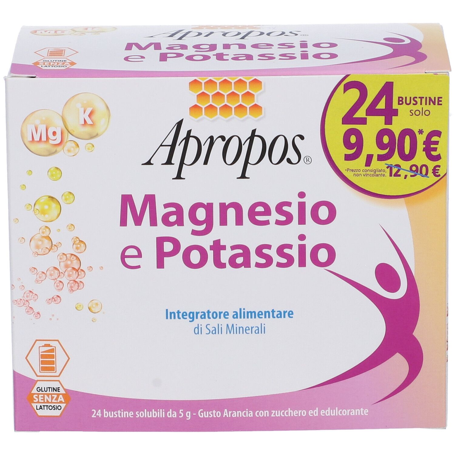 APROPOS Magnesio e Potassio Schachtel. 24 Beutel. Preis 9,90€. Enthält Magnesium und Kalium. Ohne Gluten.