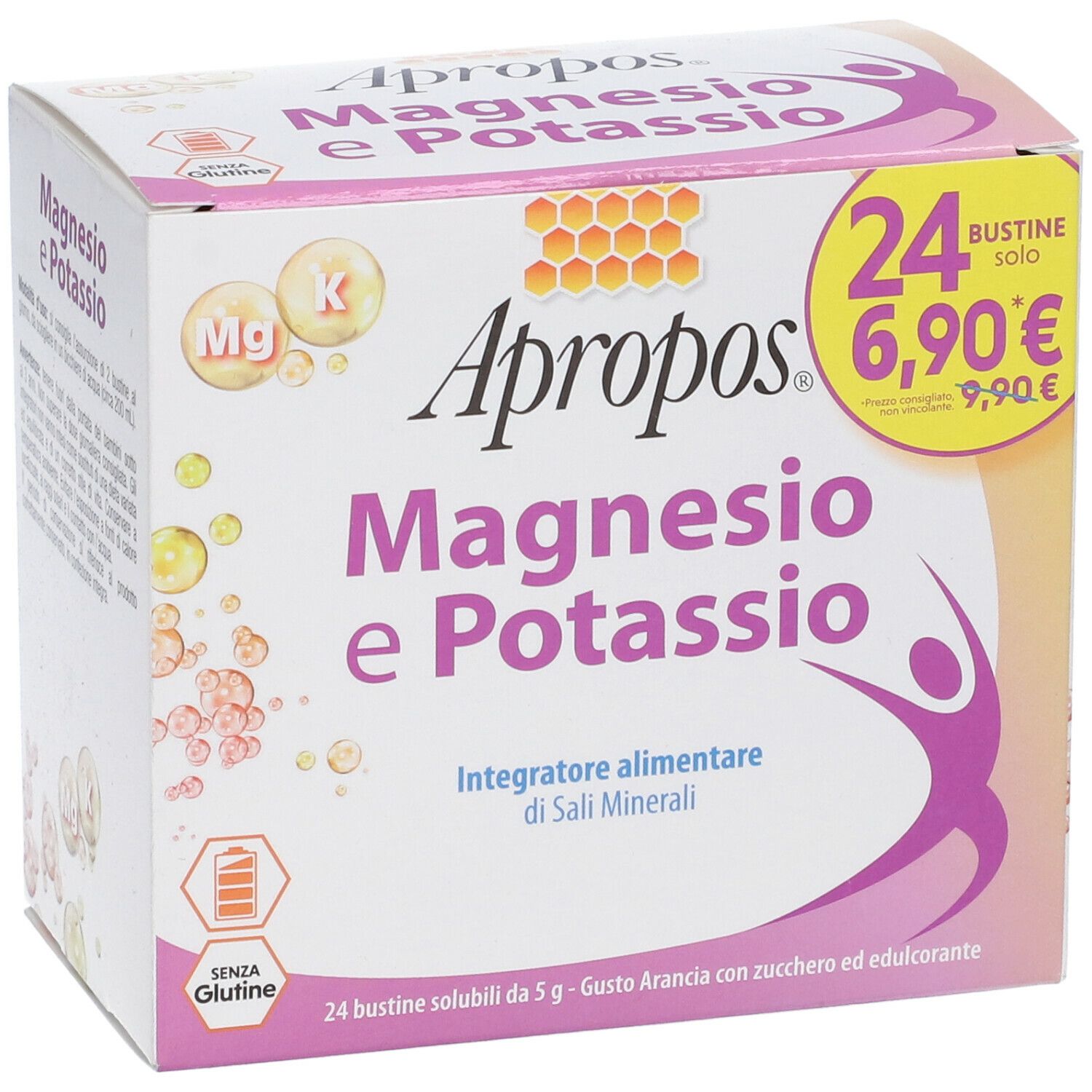APROPOS Magnesio e Potassio Schachtel. 24 Beutel. Preis 6,90€. Enthält Magnesium und Kalium. Ohne Gluten.