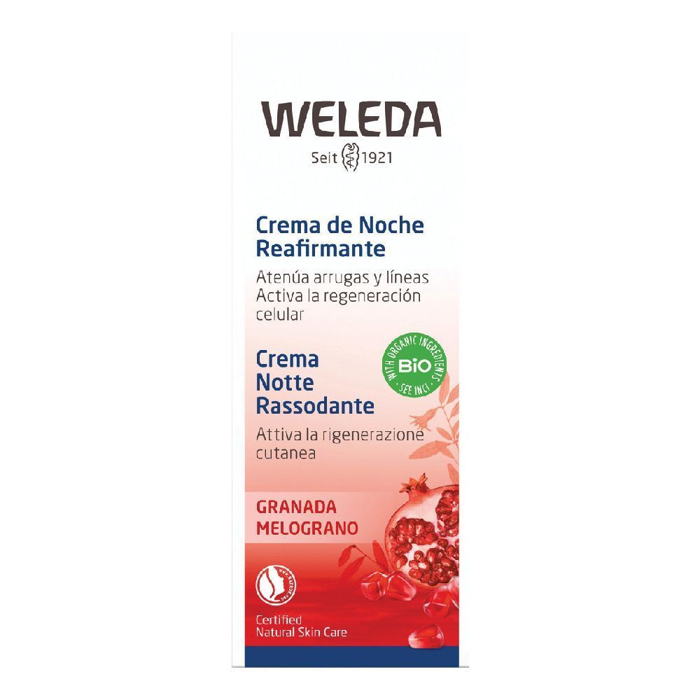 Tube de crème Weleda. Texte et illustration de grenade. Certification bio.