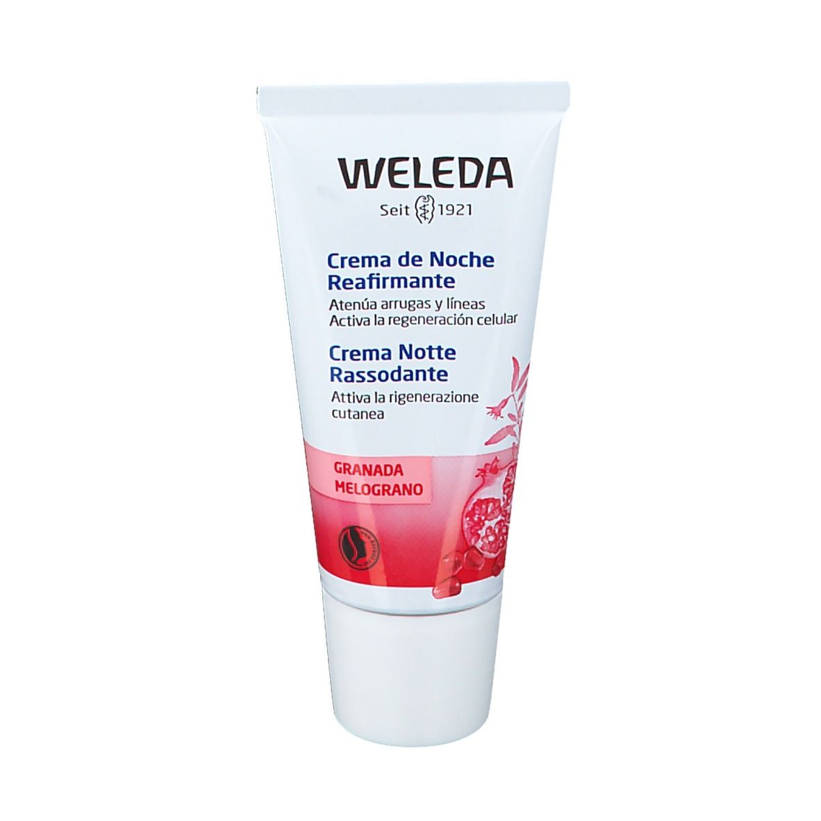 Tube de crème Weleda. Texte et illustration de grenade. Certification bio.