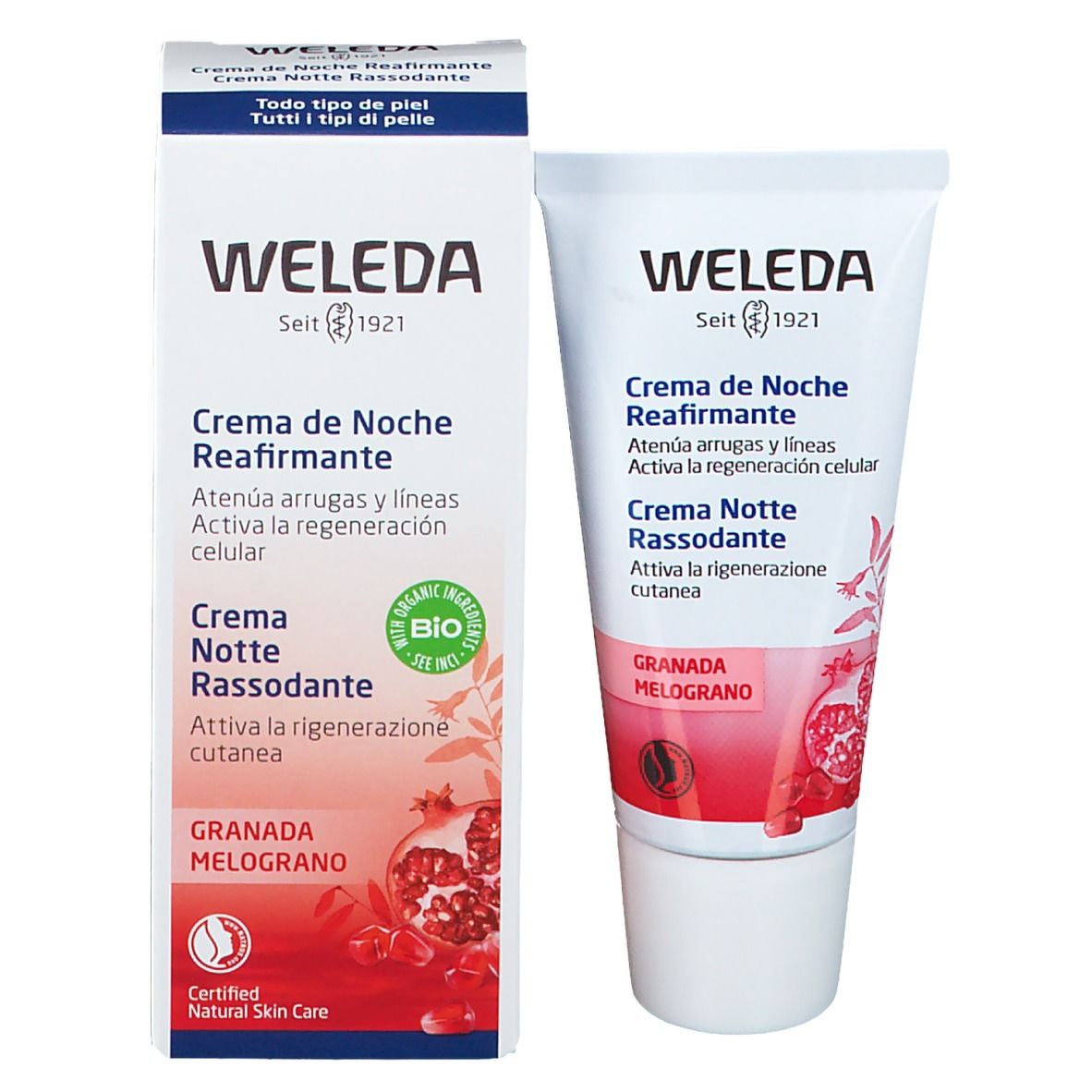 Crème Weleda et emballage. Texte et illustration de grenade. Certification bio.