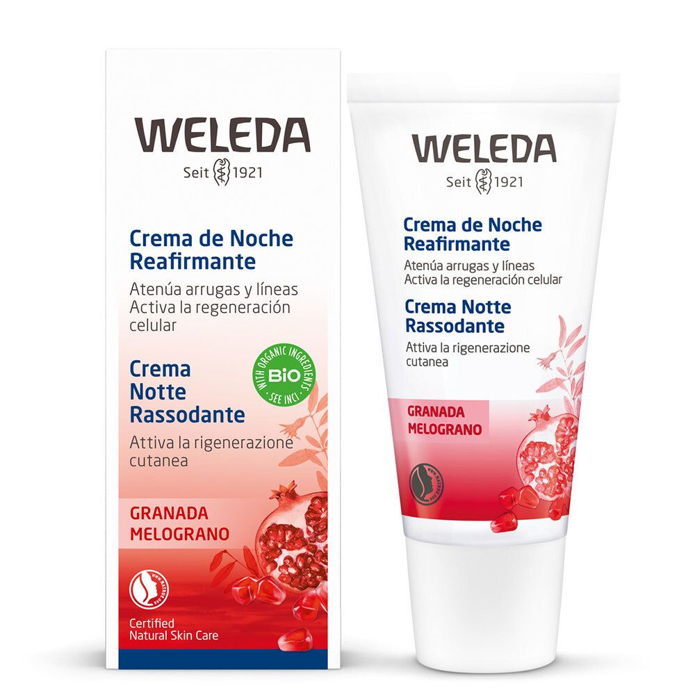Crème Weleda et emballage. Texte et illustration de grenade. Certification bio.