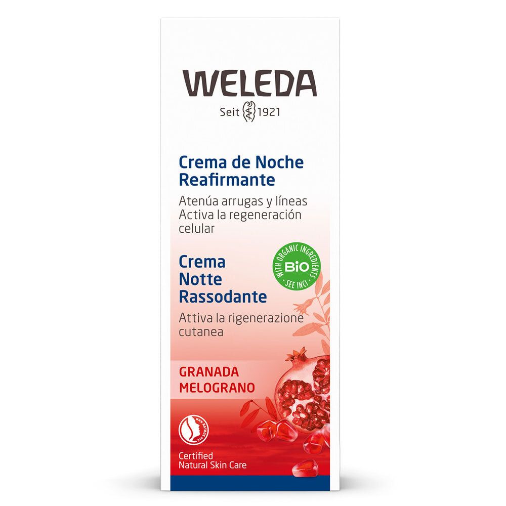 Crème Weleda et emballage. Texte et illustration de grenade. Certification bio.