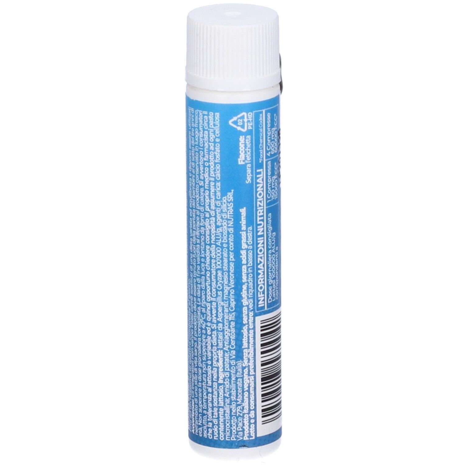 Rückseite der zylindrischen Verpackung. Aufschrift: Nährwertinformationen, Text in italienischer Sprache.