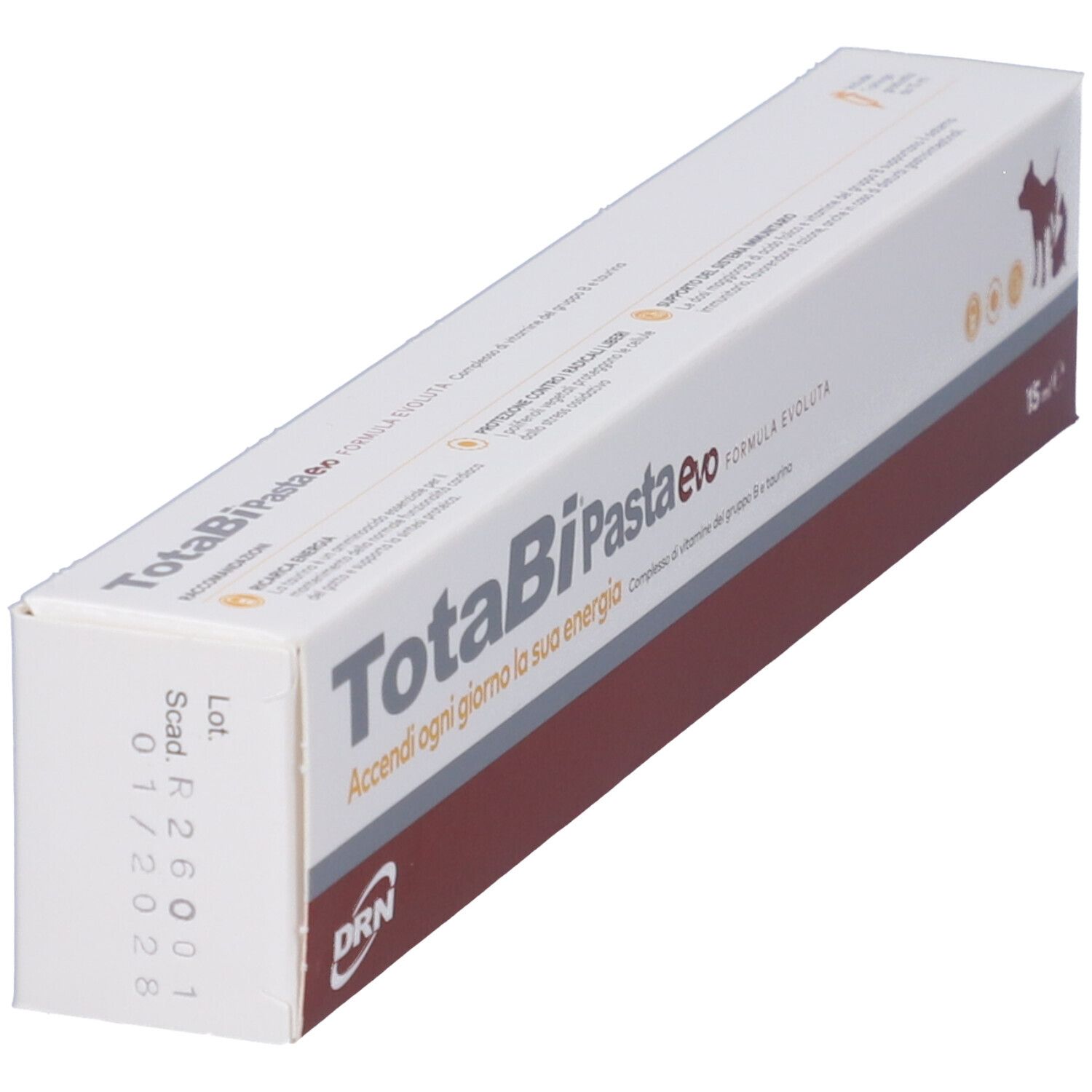 Schachtel, weiß mit rotem Streifen. Aufschrift: TotaBiPasta evo. Logo: Hund und Katze. 15 ml.