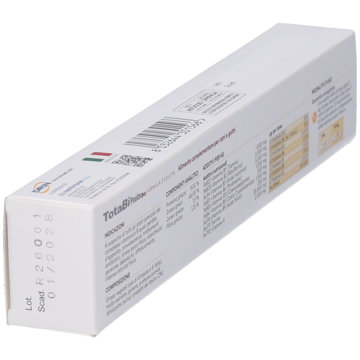 Weiße Schachtel mit Text und Inhaltsangaben. Aufschrift: TotaBiPasta evo. Inhaltsstoffe und Dosierung.