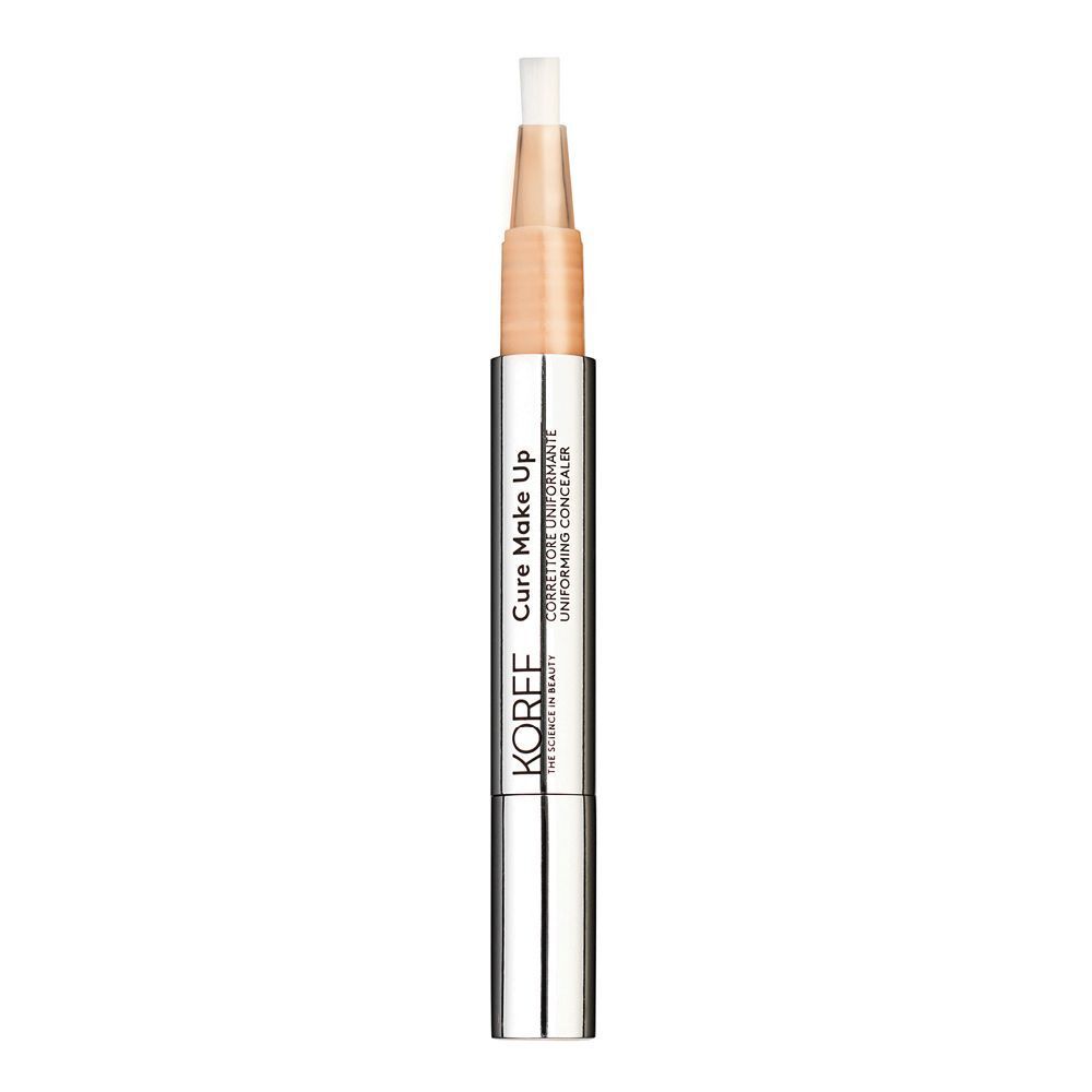 KORFF Cure Make Up Concealer, silberne Hülse mit Applikator. Aufschrift: Cure Make Up, Ebenmäßigkeit 02.