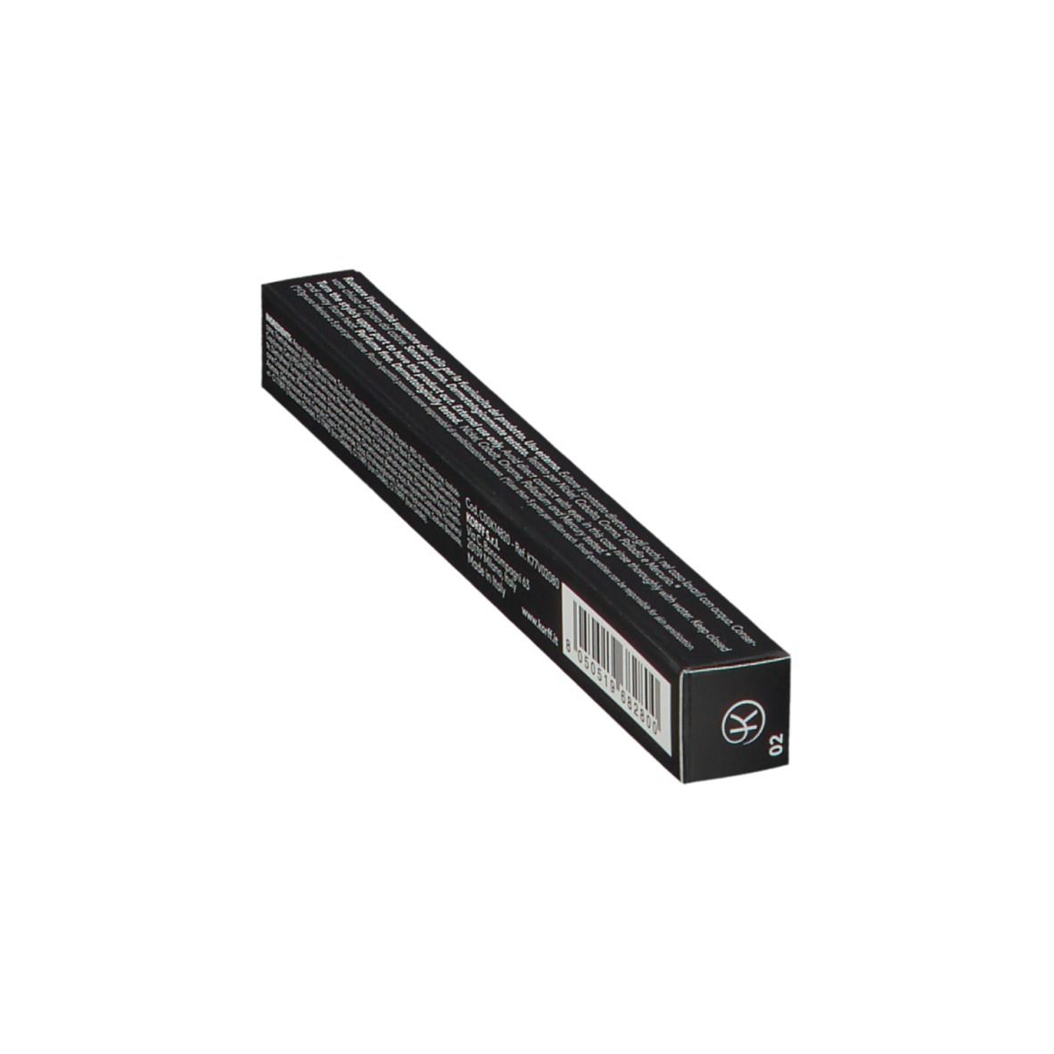 KORFF Cure Make Up Concealer-Verpackung. Schwarze Schachtel mit Produktinformationen. Aufschrift: Cure Make Up, 02.