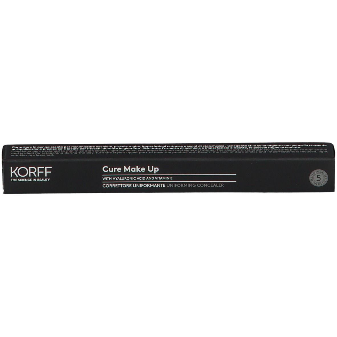 KORFF Cure Make Up Concealer-Verpackung. Schwarze Schachtel mit Produktinformationen. Aufschrift: Cure Make Up, 5.