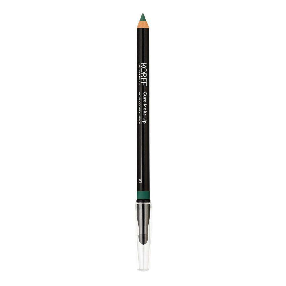 Crayon contour des yeux vert KORFF 05. Crayon noir avec pointe verte et capuchon transparent.