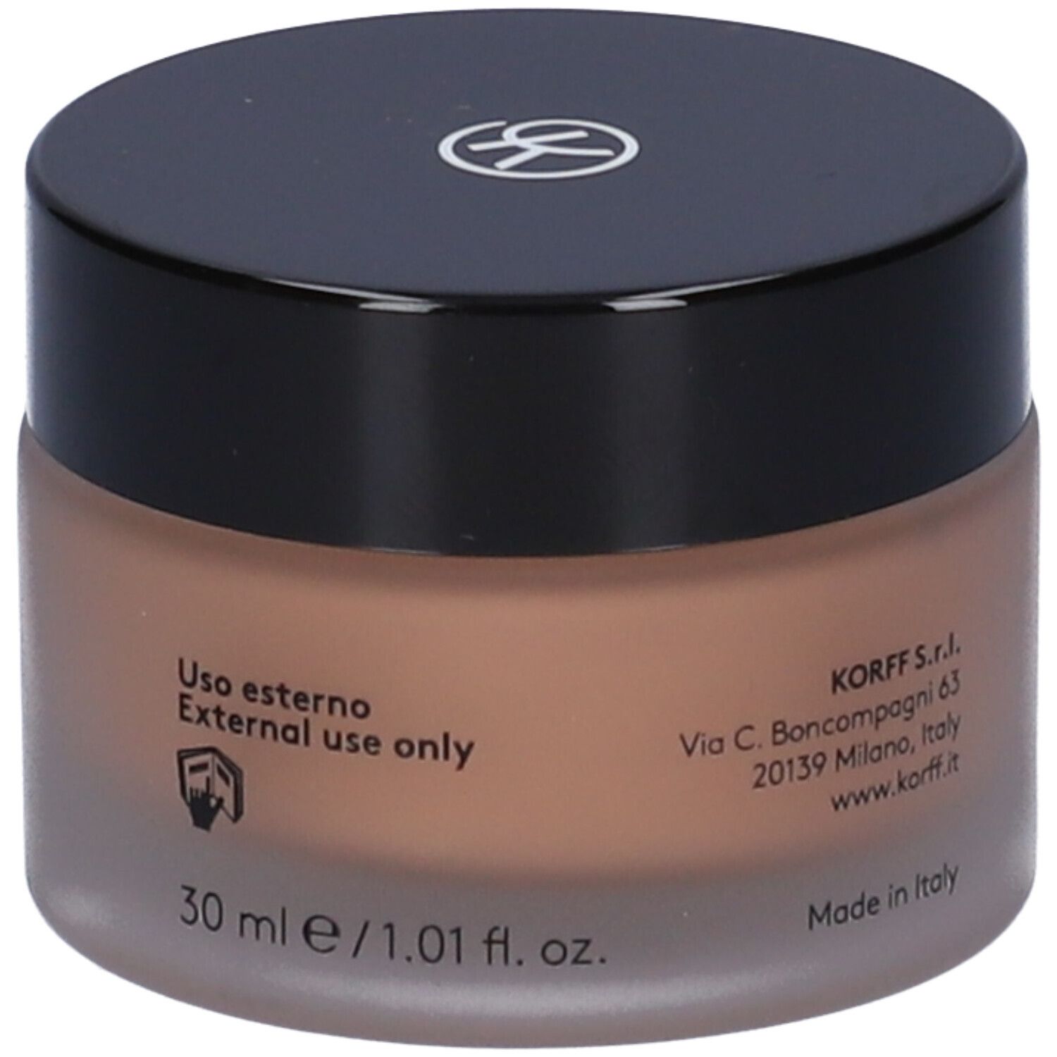 KORFF Cure Make Up Straffende Grundierung 06. Crème brune dans un pot en verre avec un couvercle noir. Contient de l'acide hyaluronique et de la vitamine E.