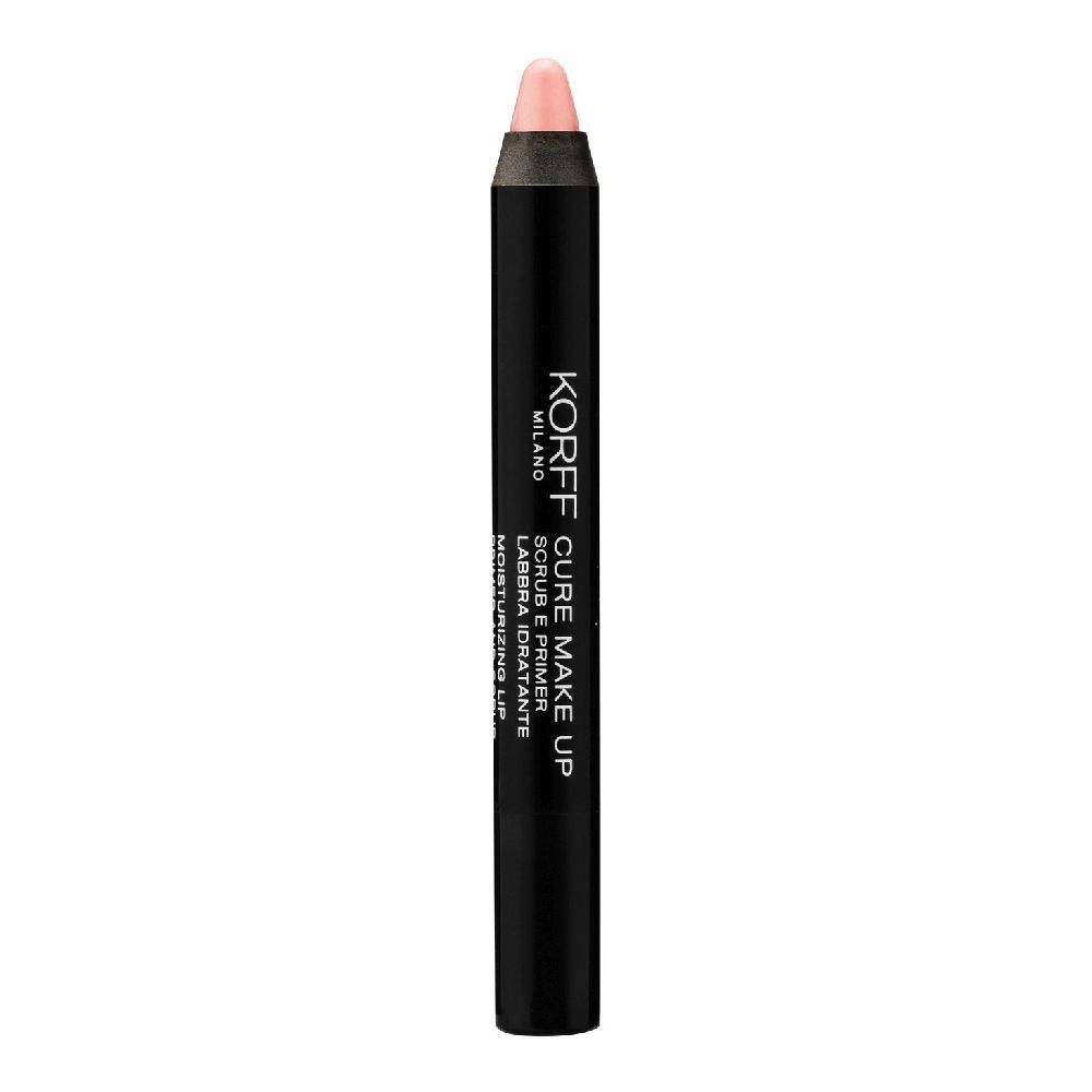 KORFF Cure Make Up Lippenbalsam. Schwarzer Stift mit rosa Spitze. Text: Scrub & Primer.