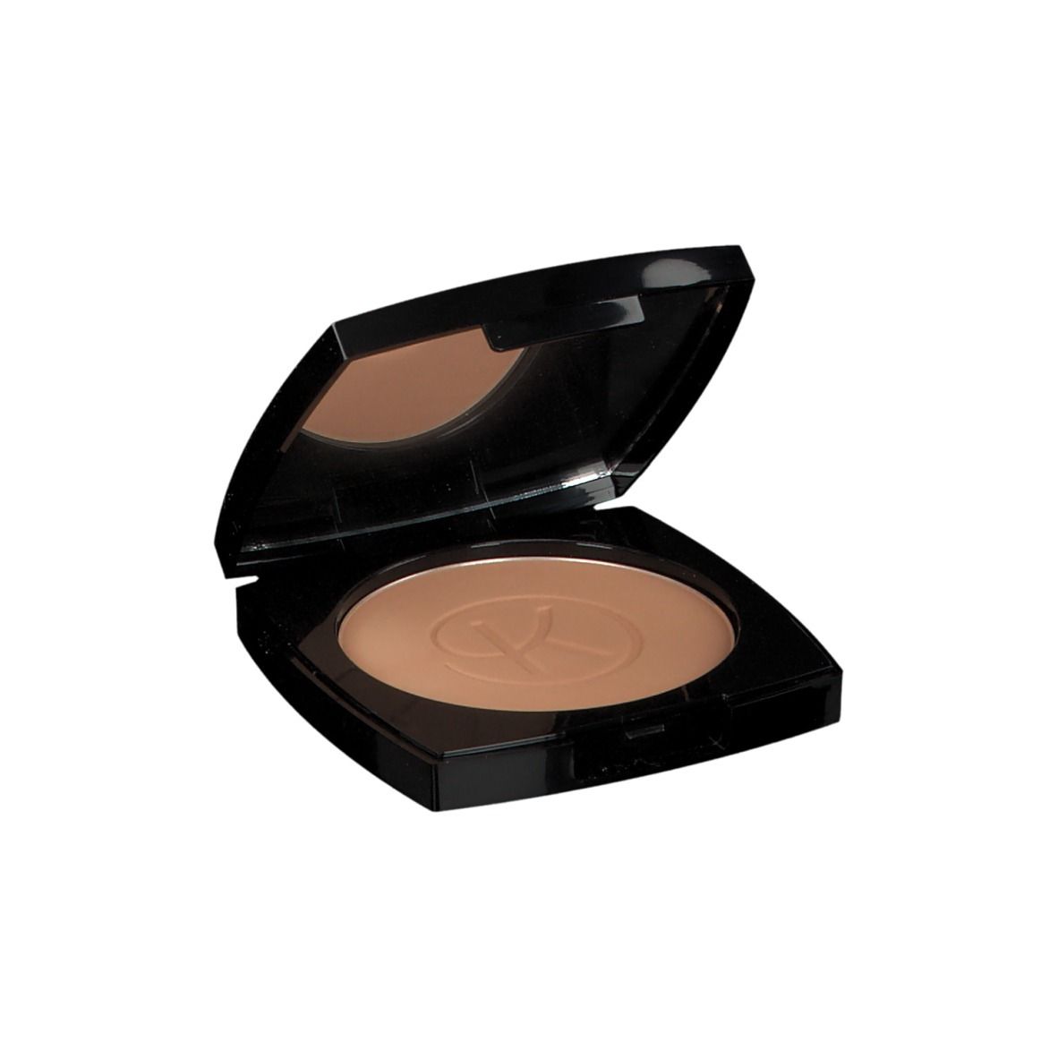 Kompaktpuder in schwarzer Dose mit geöffnetem Deckel und Spiegel. Der Puder ist hellbraun.