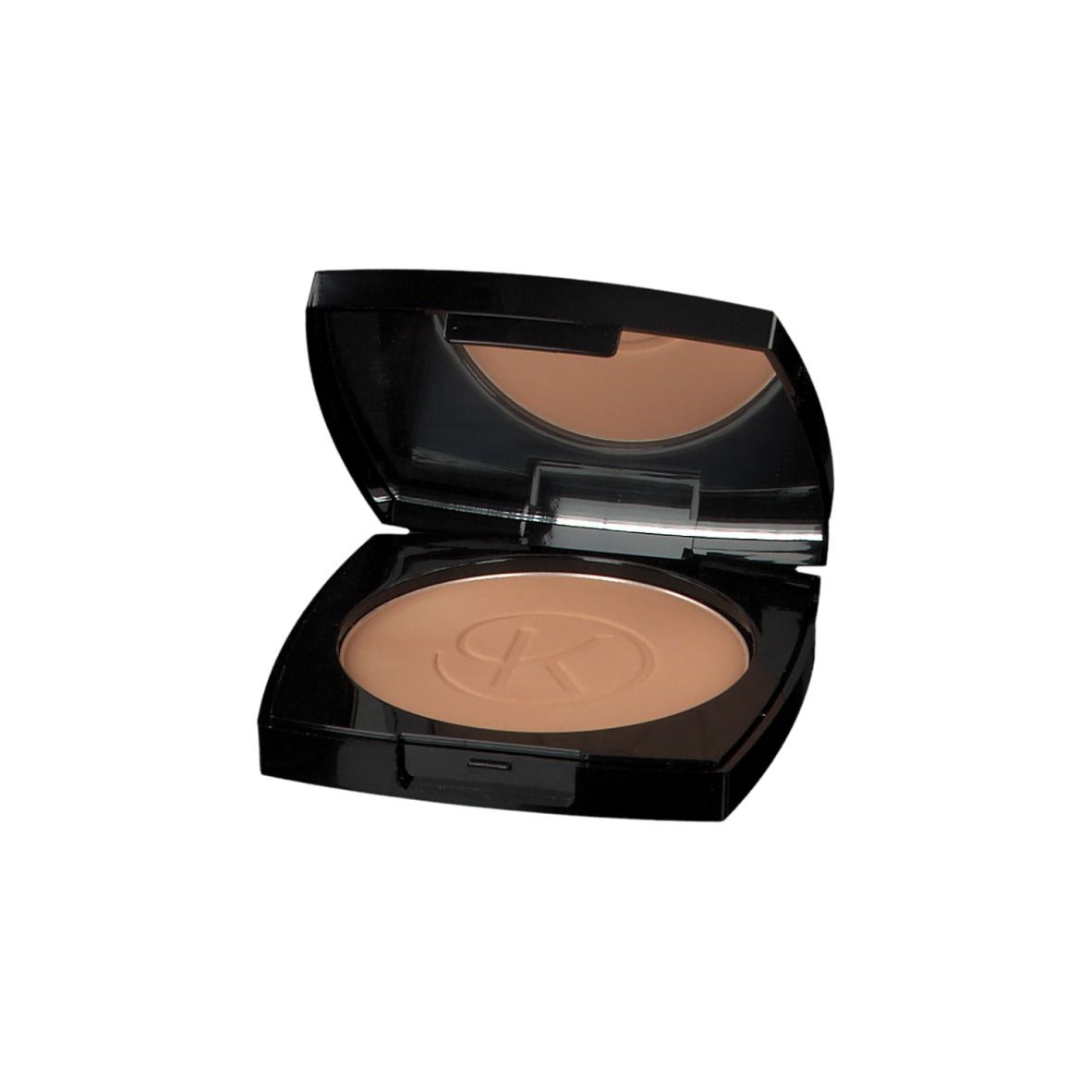 Kompaktpuder in schwarzer Dose mit geöffnetem Deckel und Spiegel. Der Puder ist hellbraun.