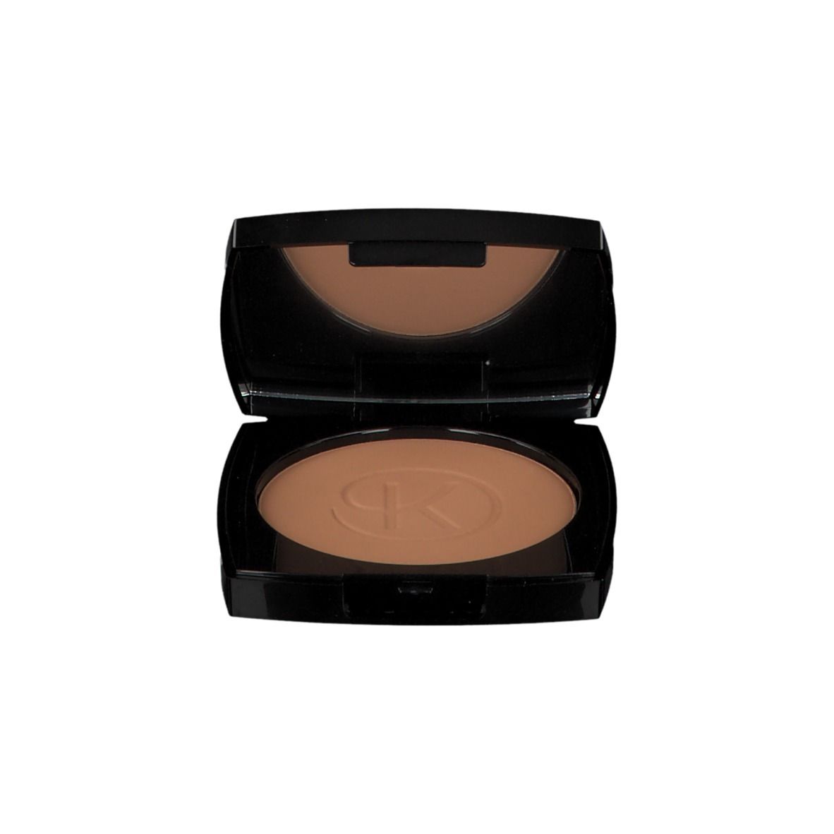 Kompaktpuder in schwarzer Dose, Deckel geöffnet. Spiegel im Deckel. Bronzefarbener Puder mit Logo.