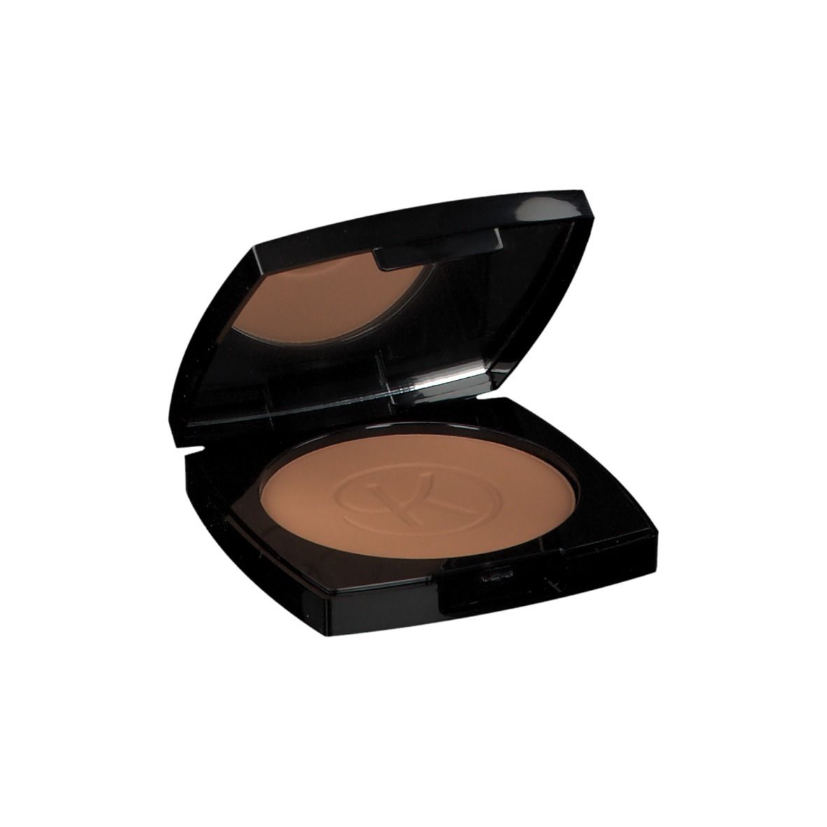 Kompaktpuder in schwarzer Dose, Deckel geöffnet. Spiegel im Deckel. Bronzefarbener Puder mit Logo.