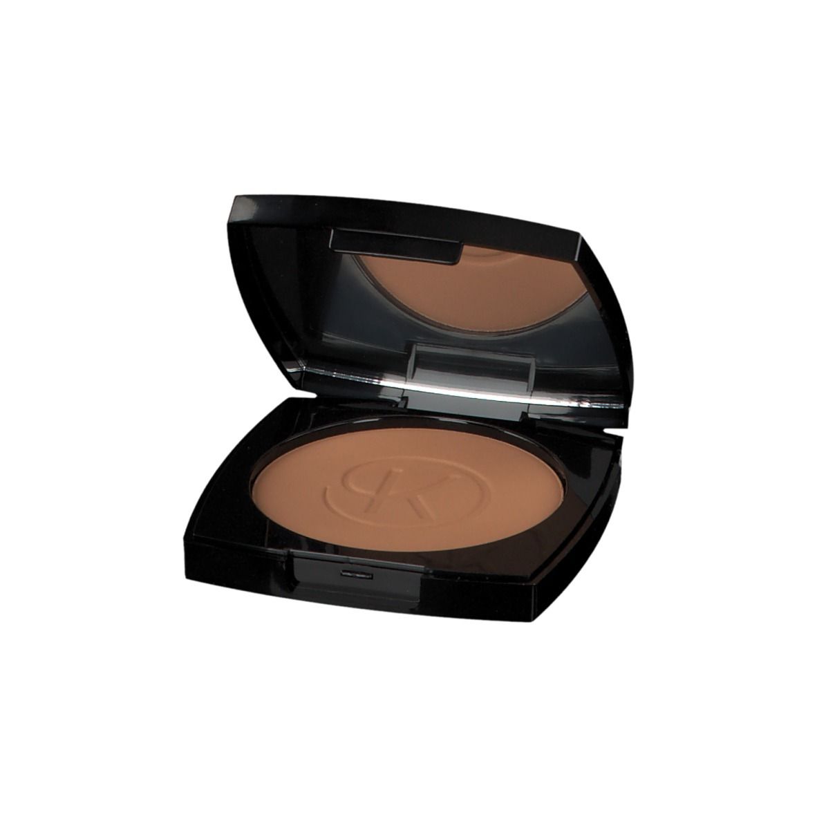 Kompaktpuder in schwarzer Dose, Deckel geöffnet. Spiegel im Deckel. Bronzefarbener Puder mit Logo.