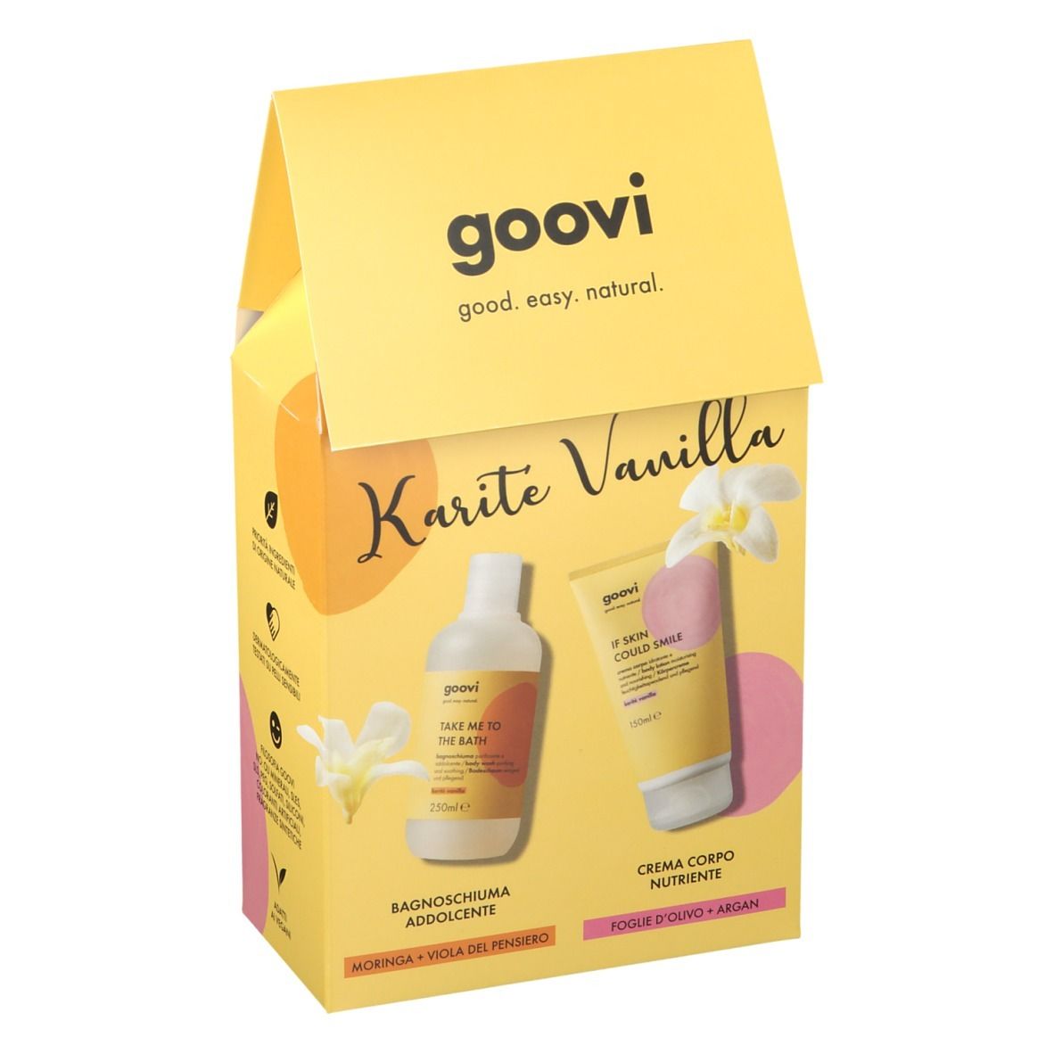Coffret cadeau jaune Goovi avec gel douche et crème pour le corps. Inscription : Karité Vanilla. Fleurs décoratives.