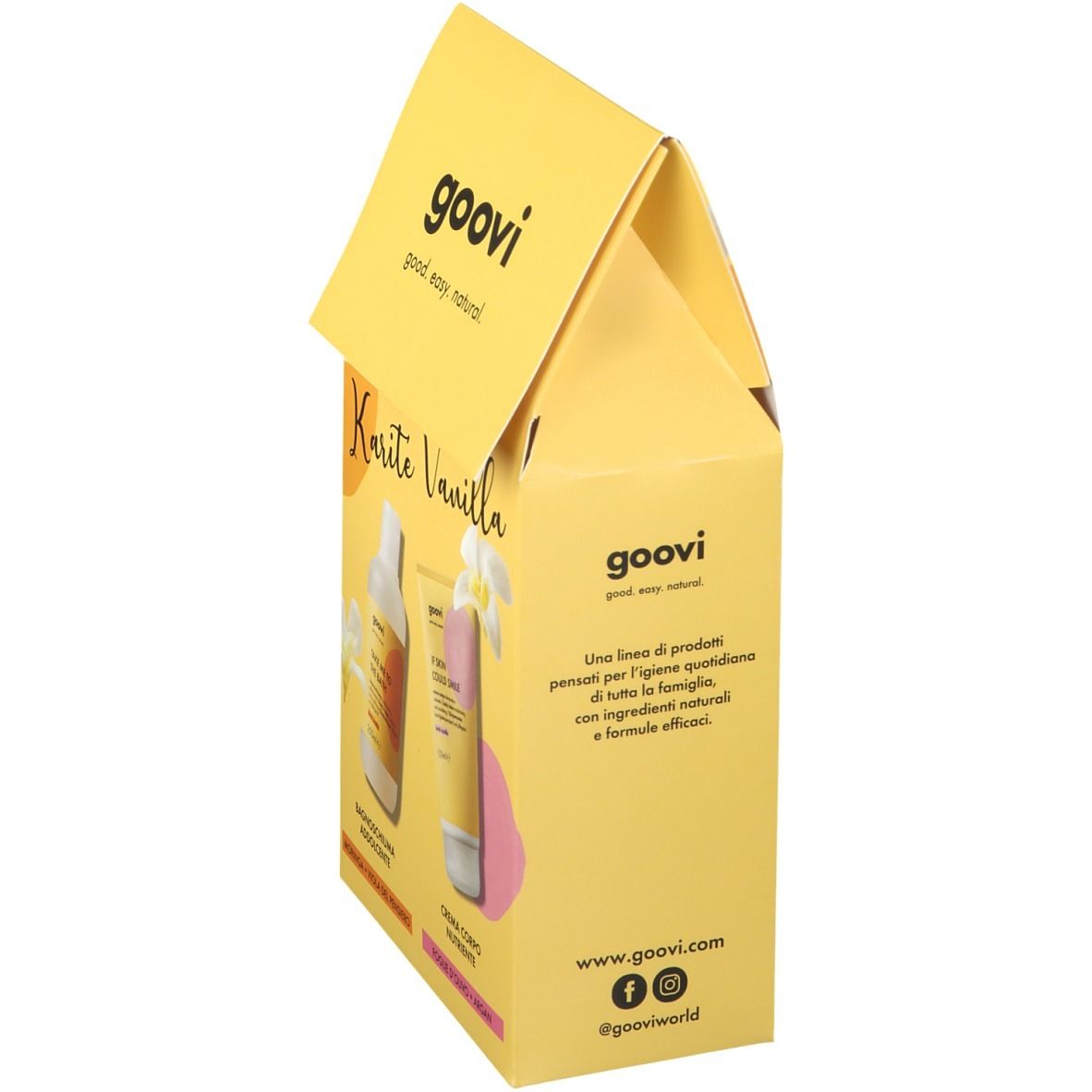 Boîte cadeau Goovi jaune, vue en biais. Inscription : Karité Vanilla. Texte sur la gamme et le site web.